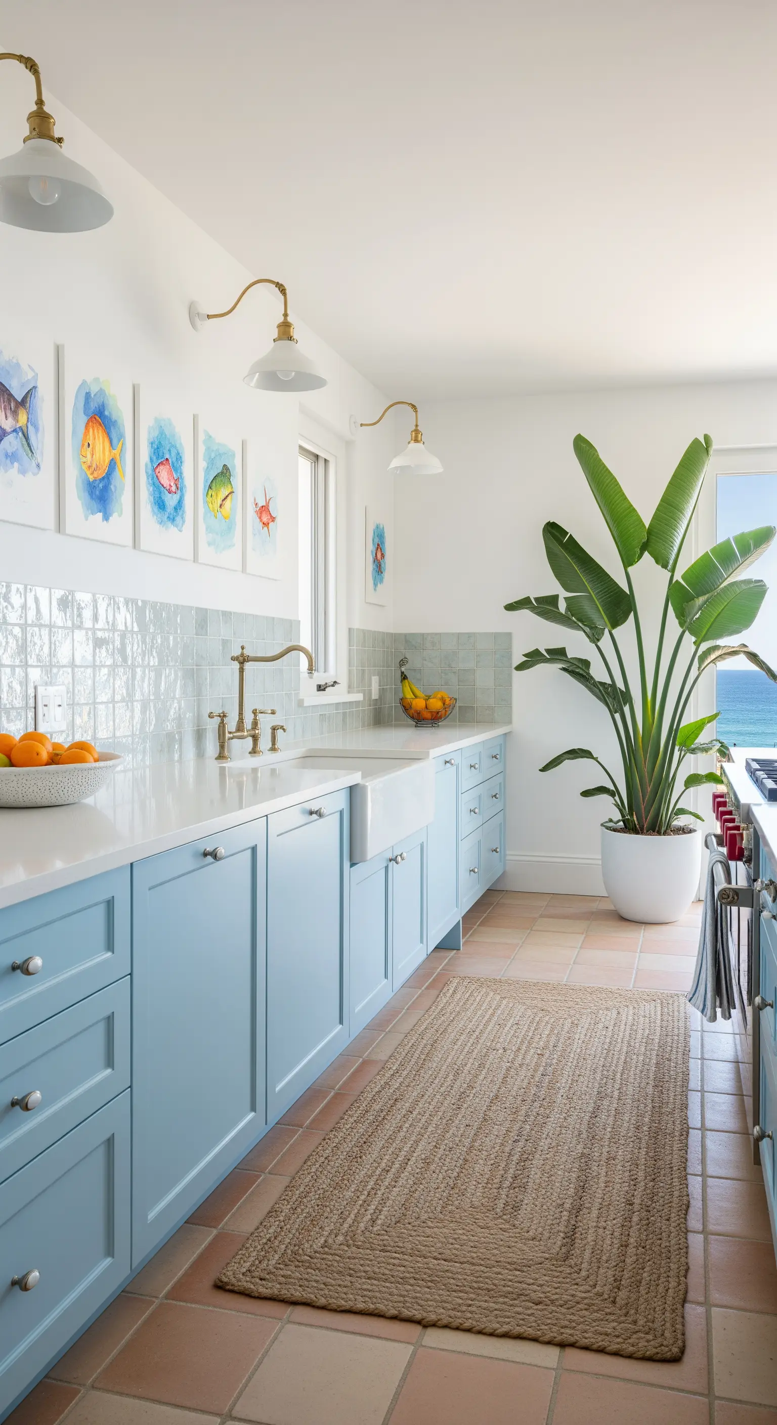 Cucina azzurra con pavimento in cotto, tappeto in juta e una grande pianta tropicale.