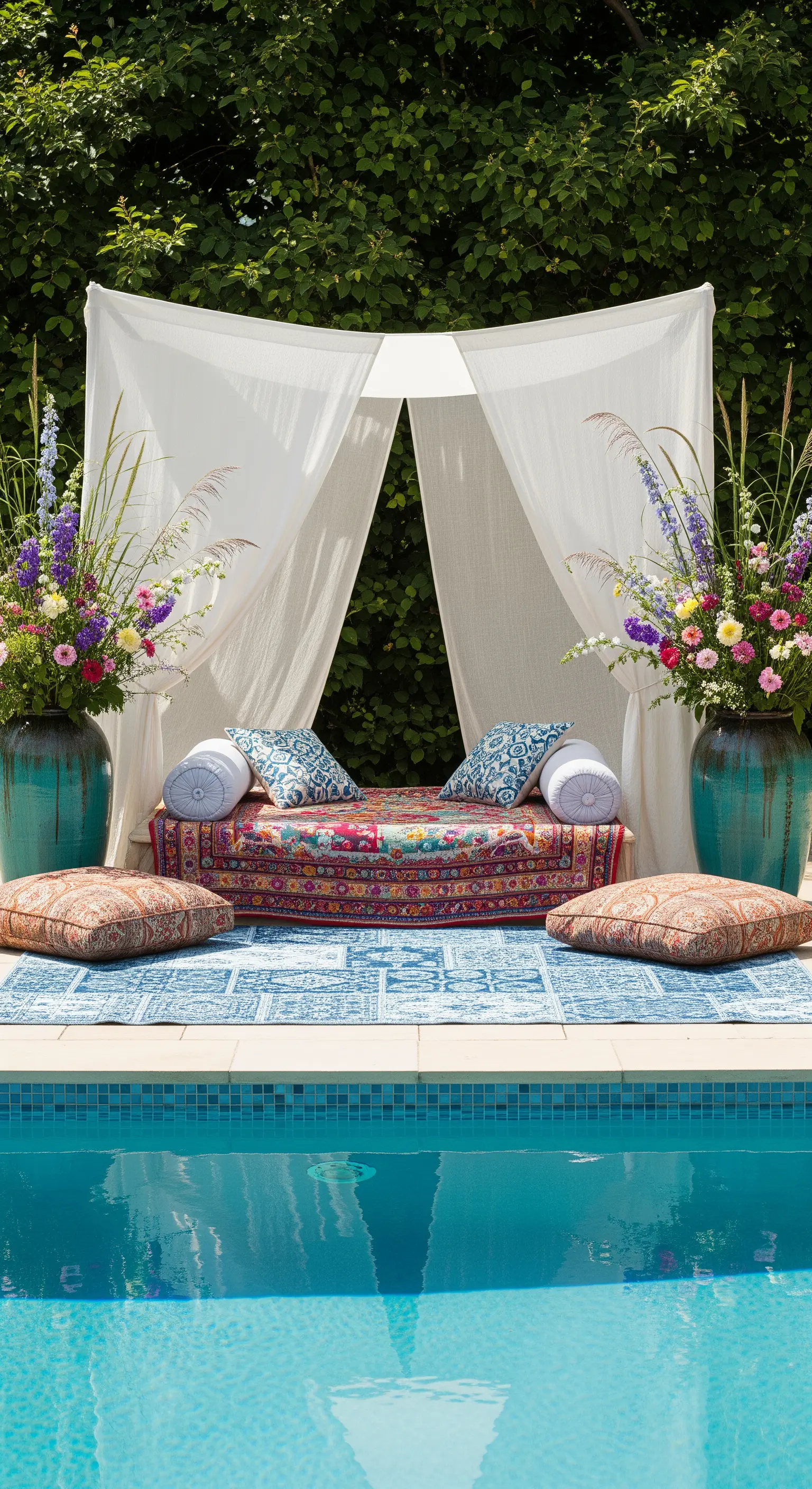 Daybed con baldacchino bianco a bordo piscina, cuscini blu e grandi vasi con fiori colorati.