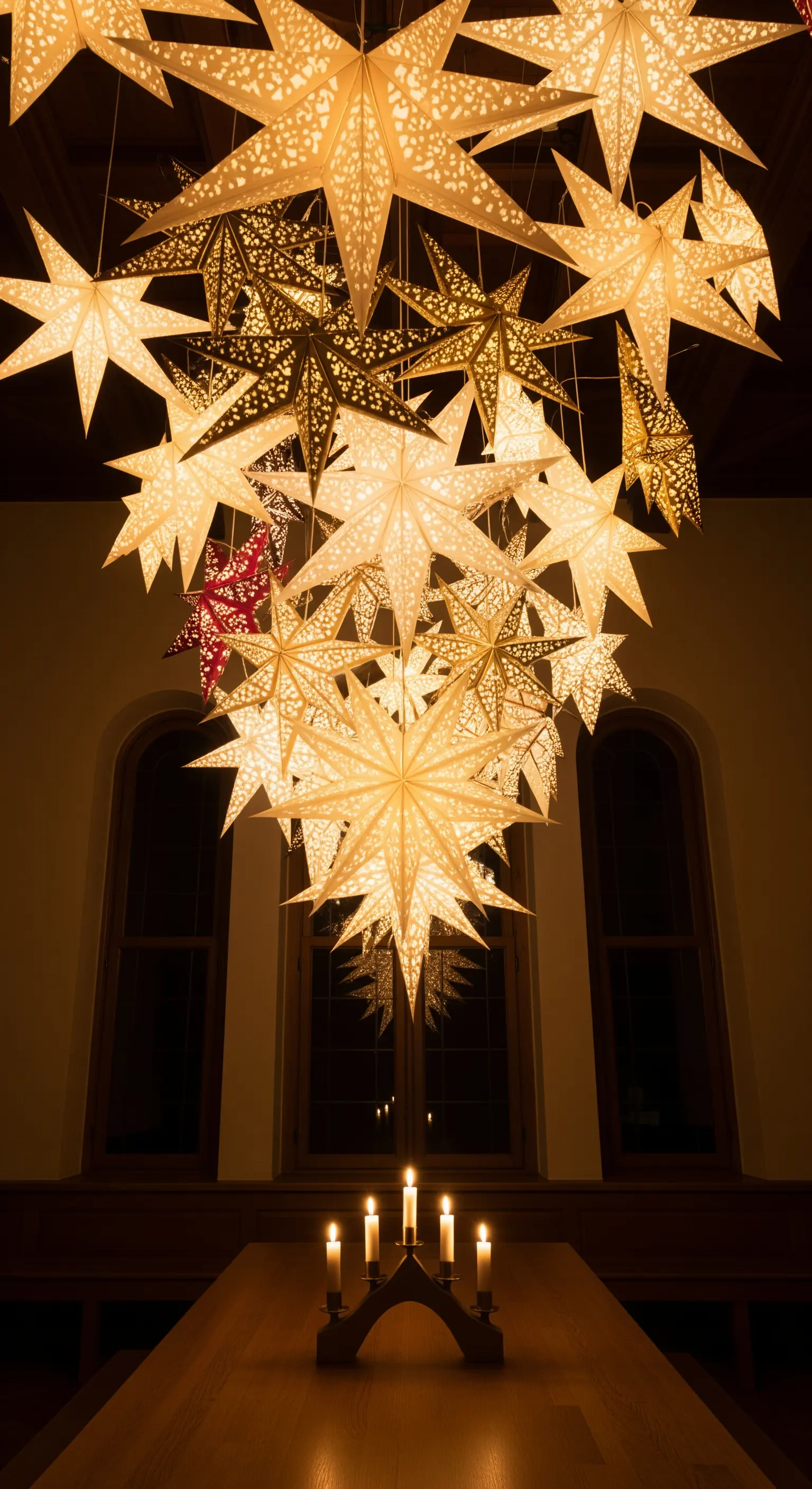Grande installazione di stelle di carta illuminate appese al soffitto.
