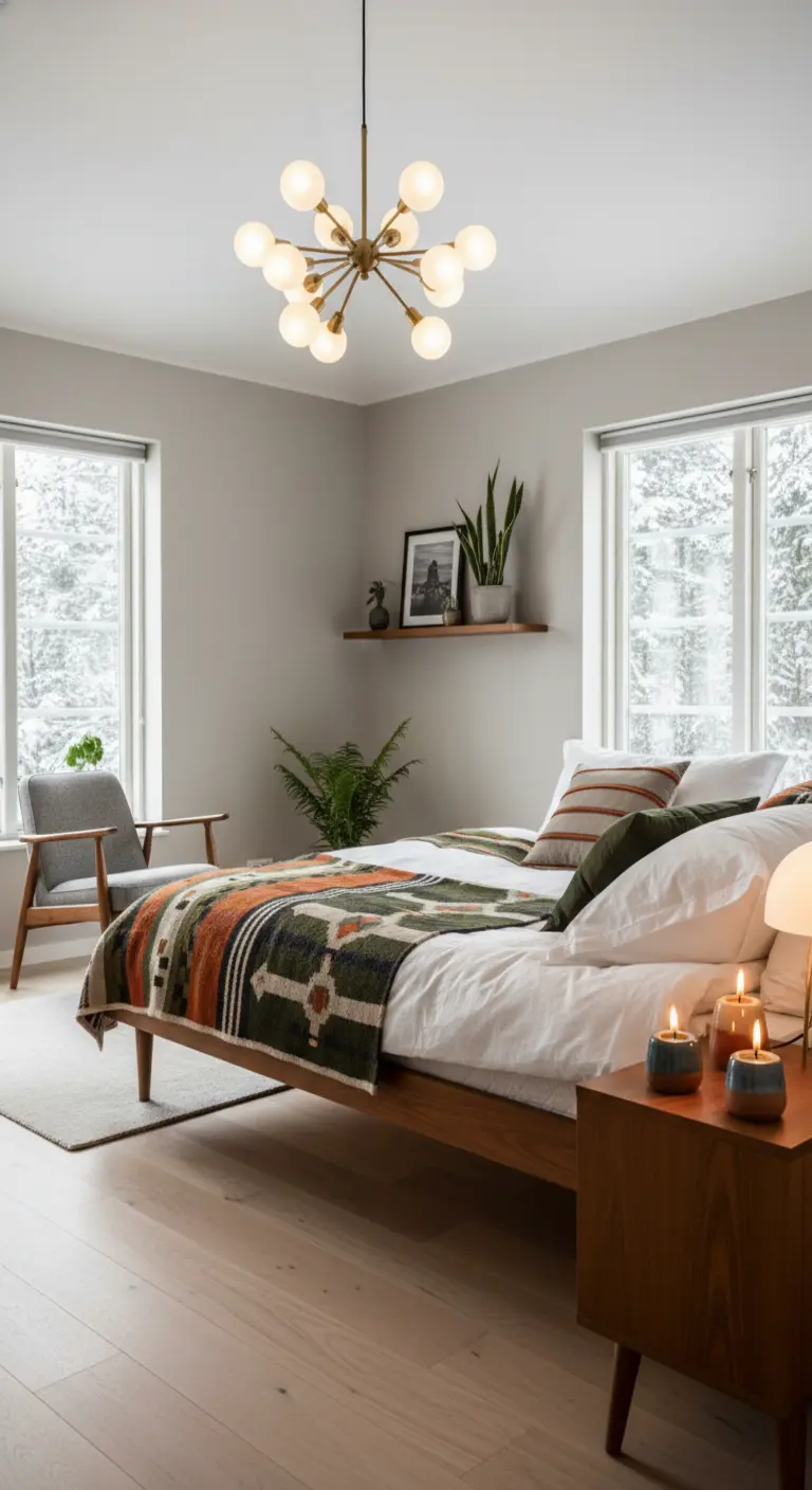 Camera da letto scandinava con un lampadario Sputnik in ottone e una coperta a motivi etnici.