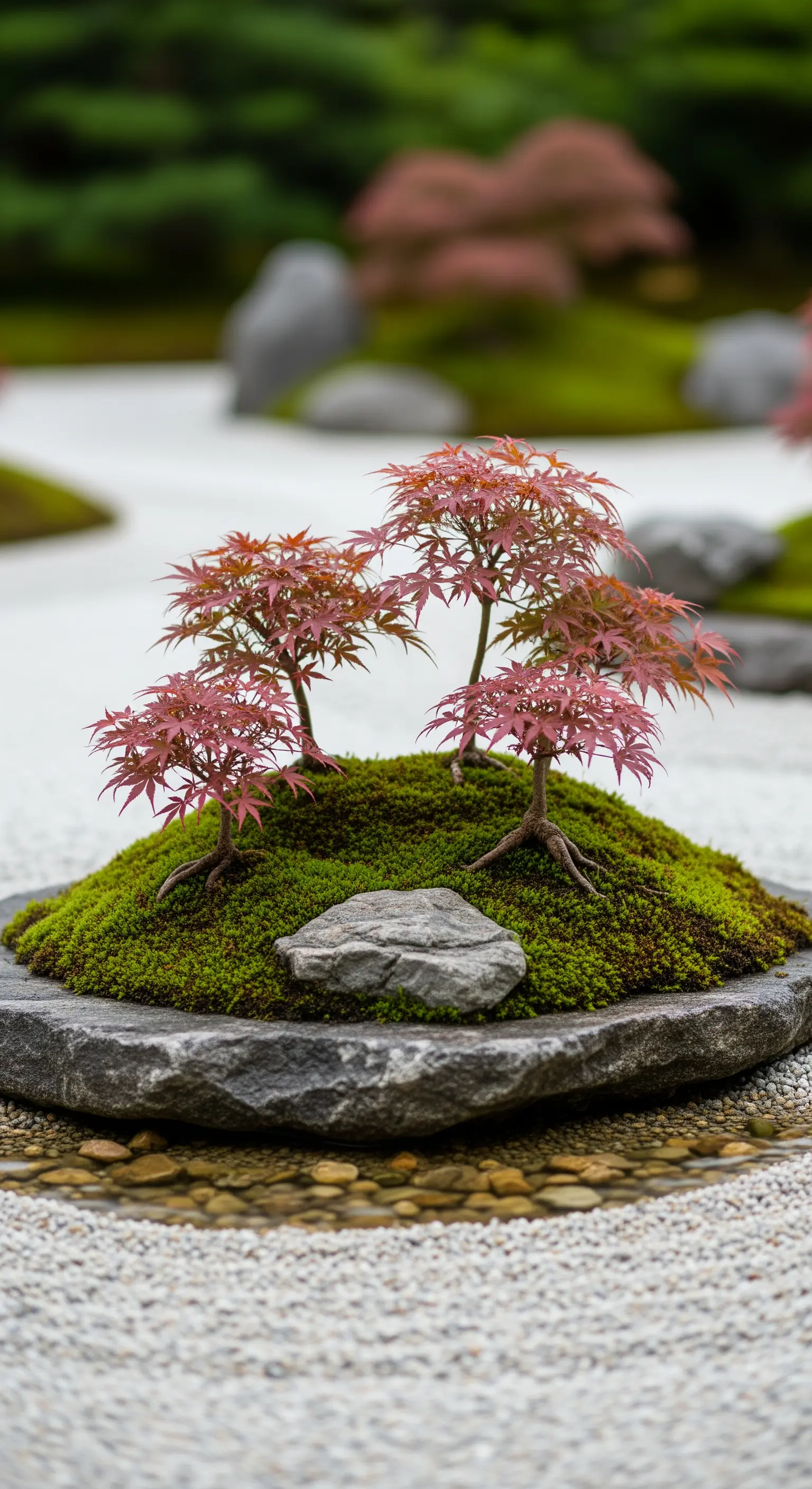Composizione in miniatura con piccoli aceri rossi su una collina di muschio e sassi