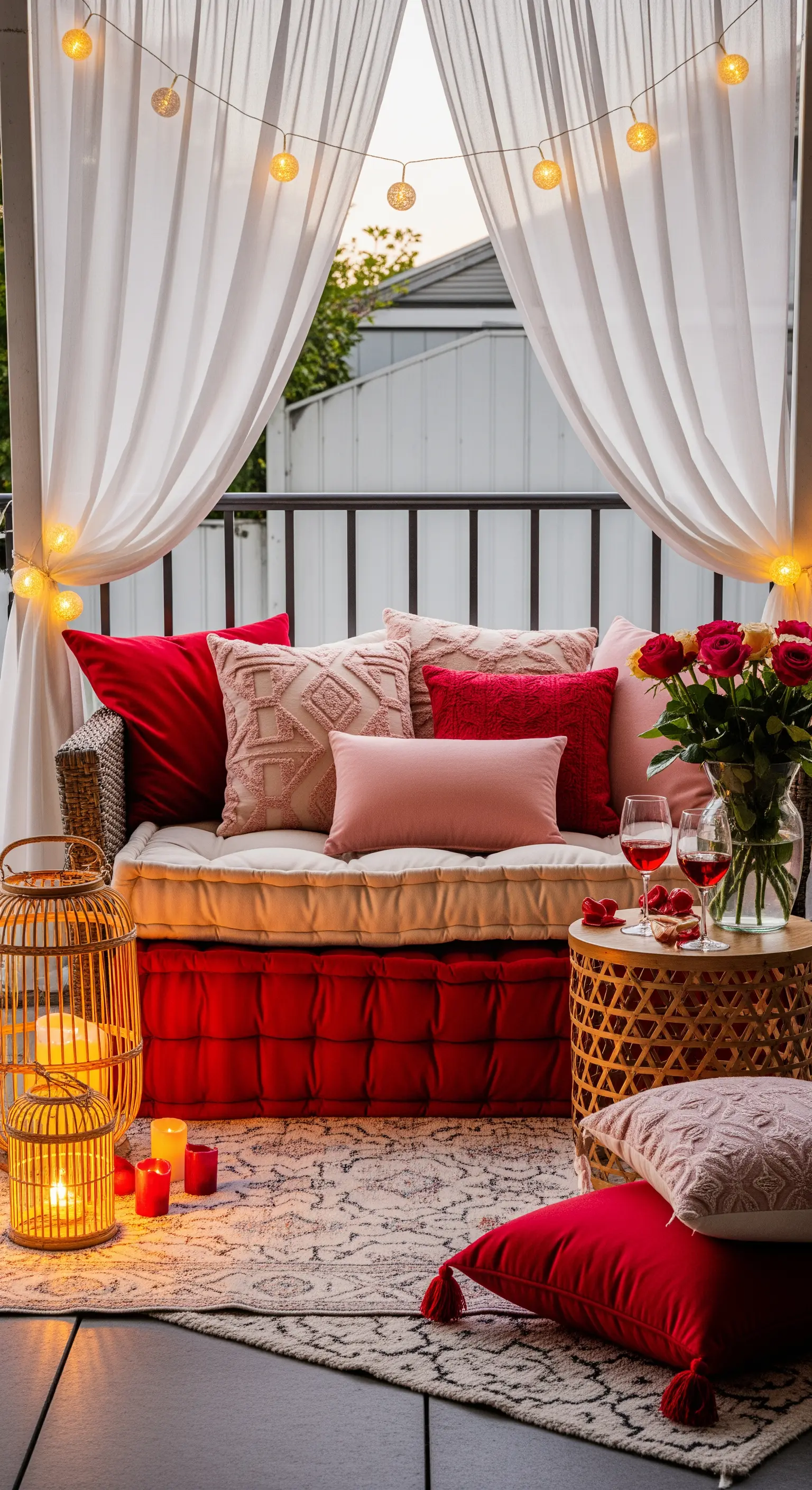 Balcone decorato con cuscini rossi e rosa, lanterne e una catena di luci calde.