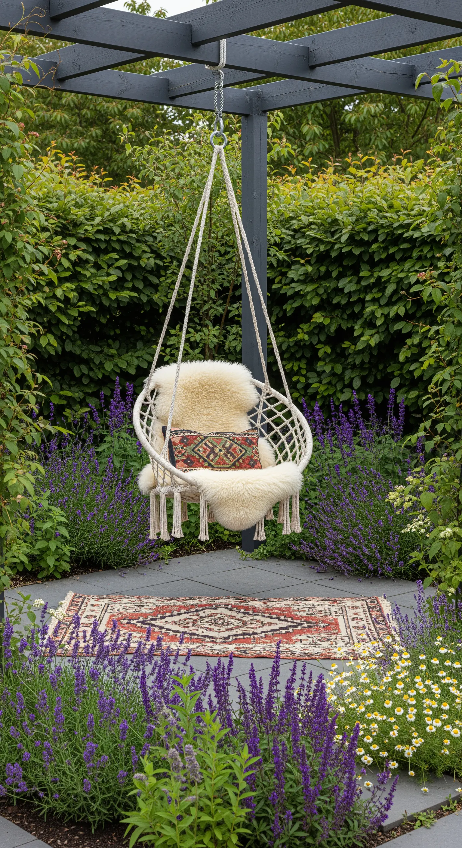 Sedia a dondolo sospesa in un angolo giardino circondata da lavanda, con tappeto kilim a terra.