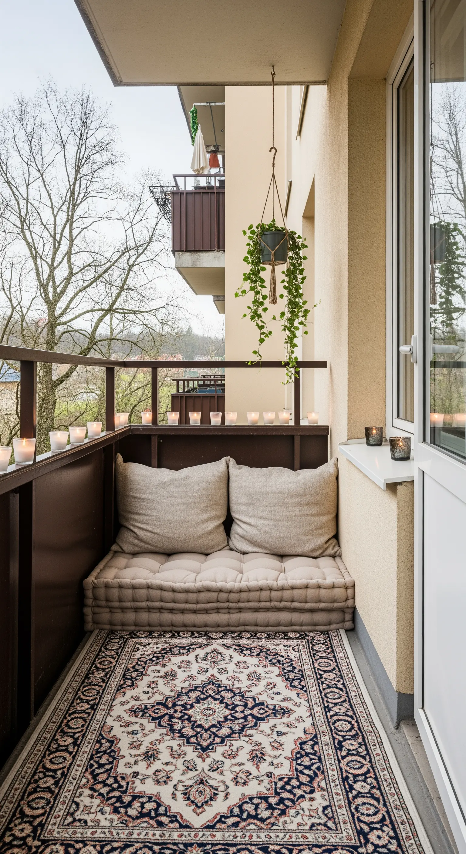 Balcone stretto con panca su misura, materasso beige e un tappeto persiano a terra.