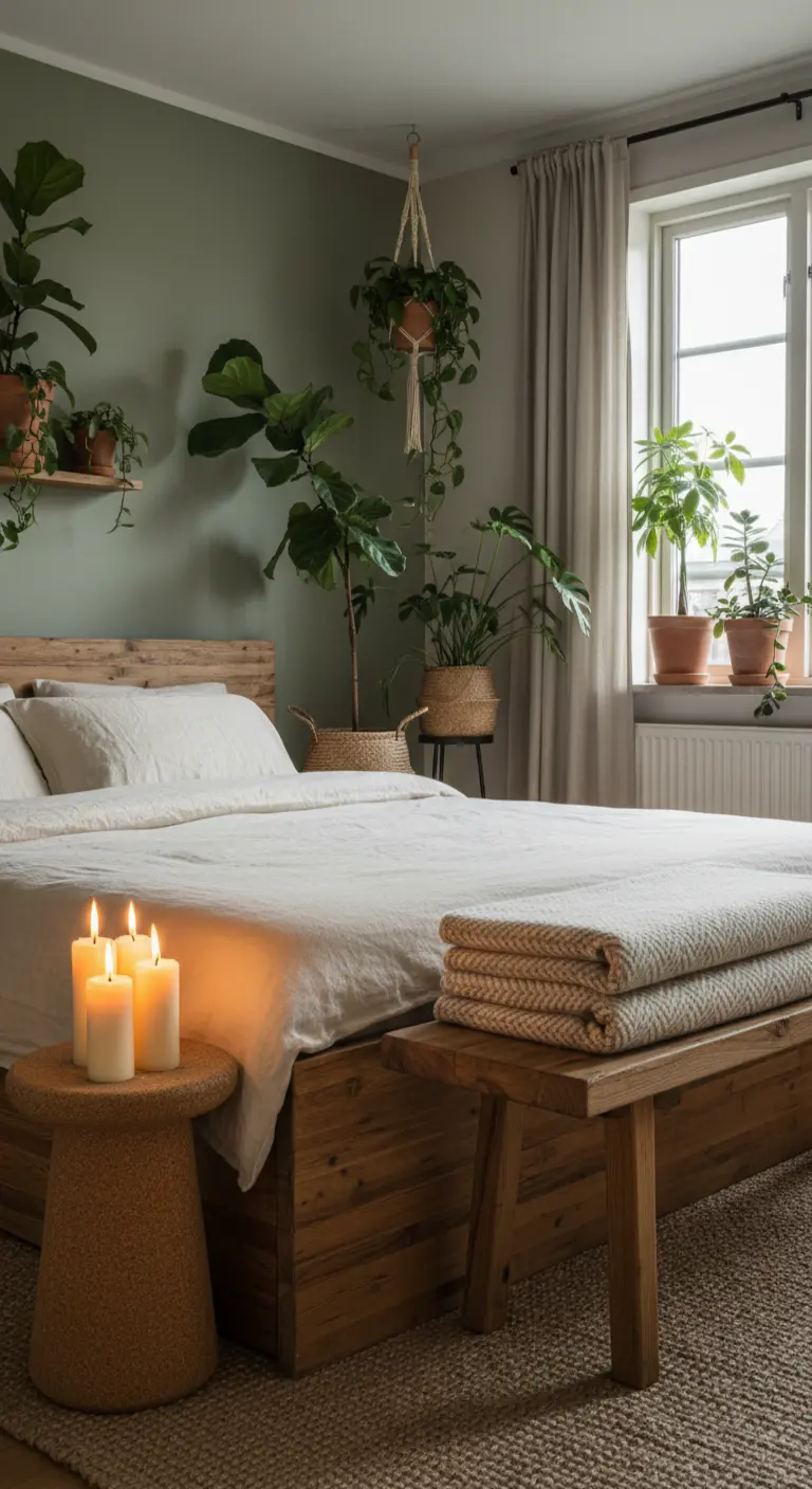 Camera da letto con pareti verde salvia, piena di piante e con un comodino in sughero con candele.