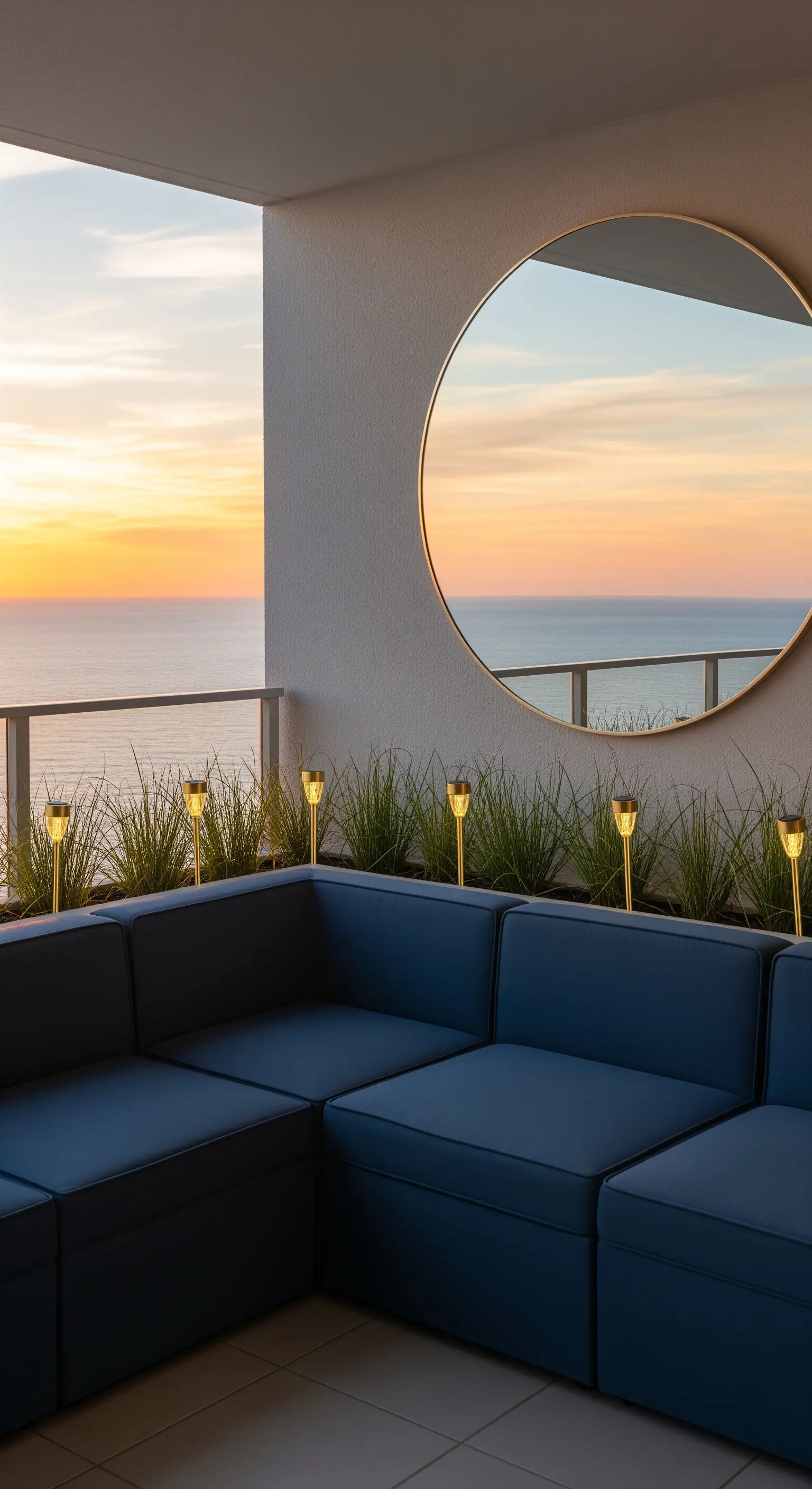 Specchio rotondo su un balcone che riflette il tramonto sul mare.