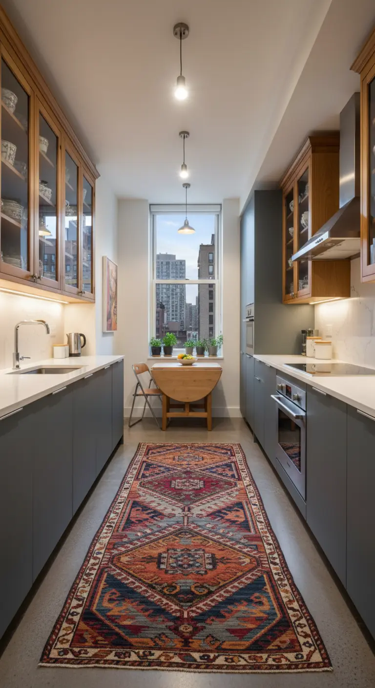 Cucina stretta e moderna con mobili grigi e un lungo e colorato runner Kilim.