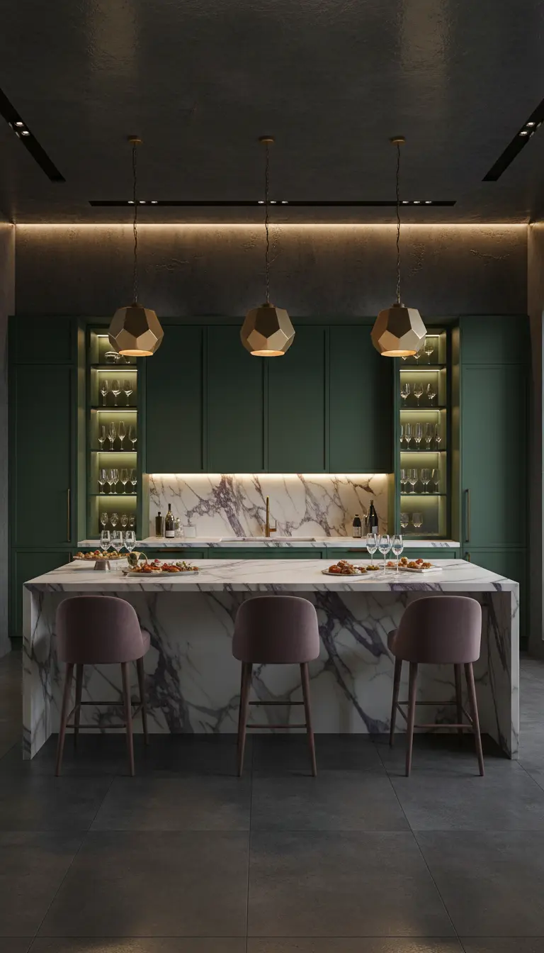 Cucina verde scuro con isola in marmo, illuminata da lampade a sospensione geometriche.