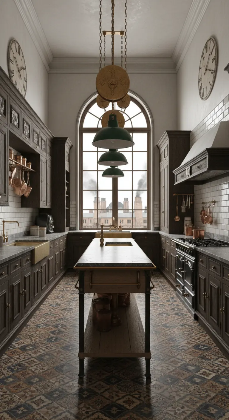 Cucina tradizionale con un imponente lampadario industriale a carrucola sopra l'isola centrale.