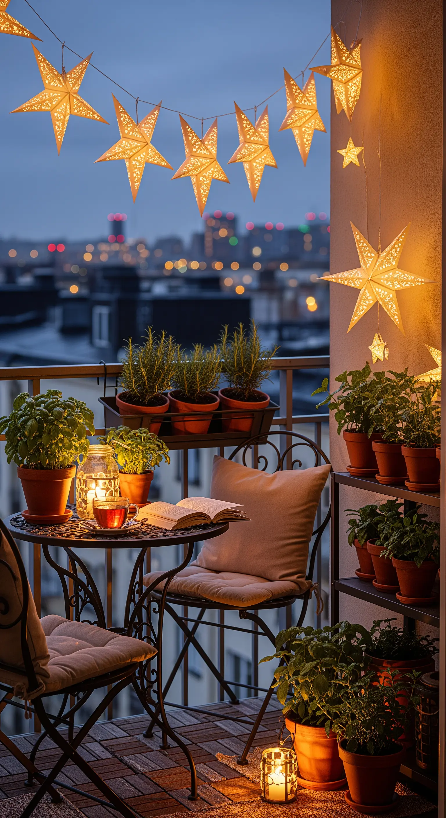 Balcone accogliente con un tavolino, piante aromatiche e luci a forma di stella.