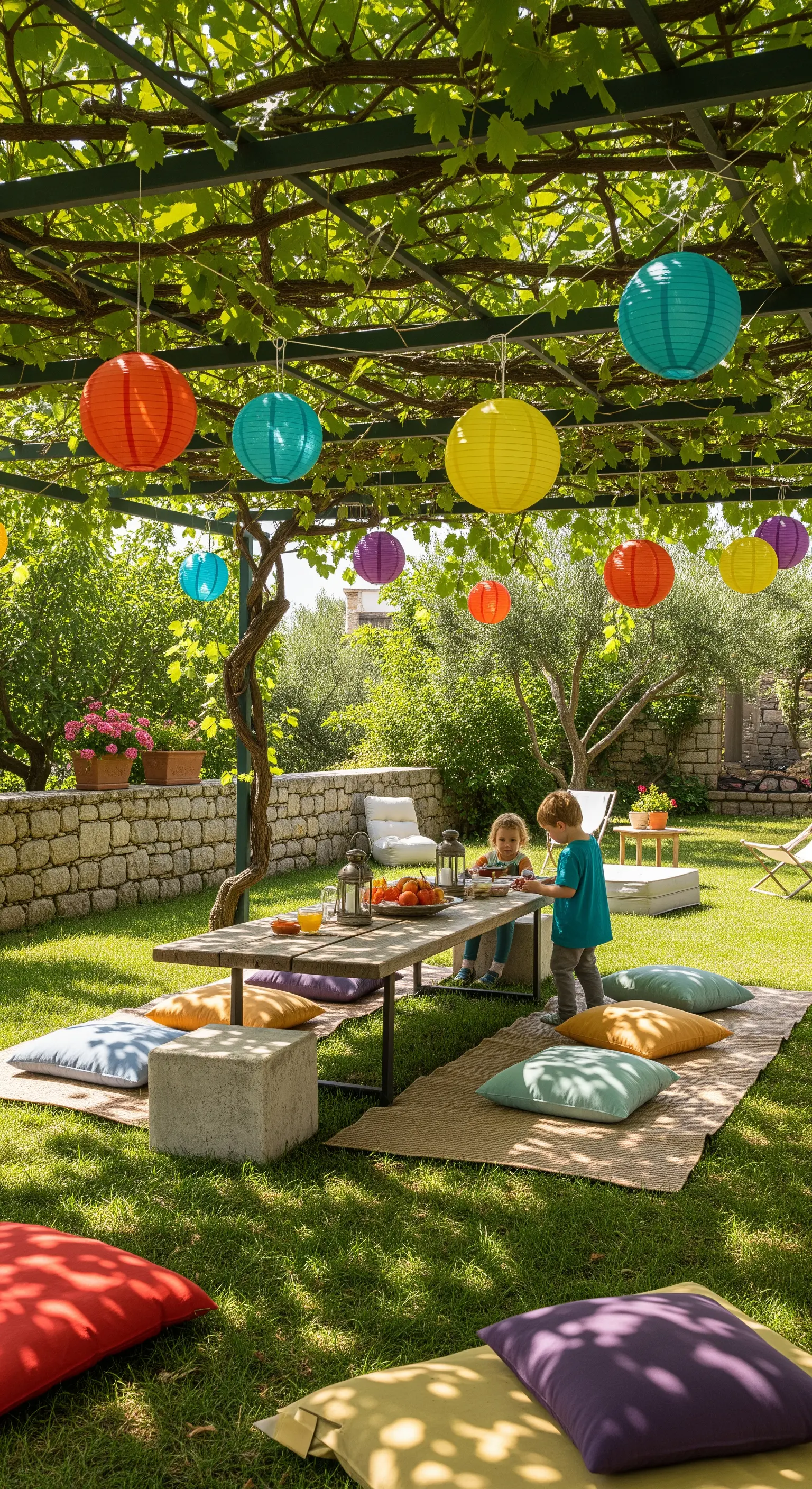 Allestimento per bambini con tavolo basso, cuscini a terra e lanterne di carta colorate.