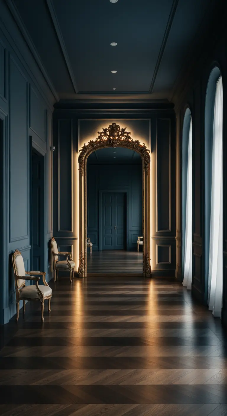 Grande specchio barocco dorato e retroilluminato in un corridoio classico blu scuro.