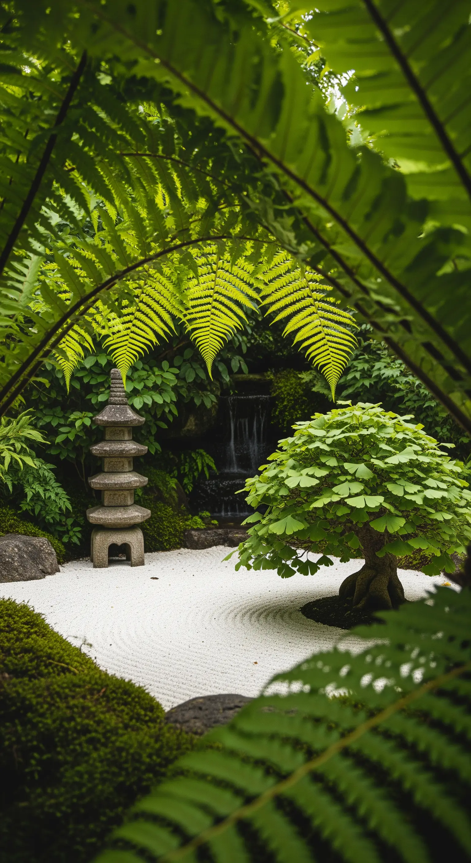 Vista di un giardino zen con lanterna di pietra incorniciato da grandi foglie di felce