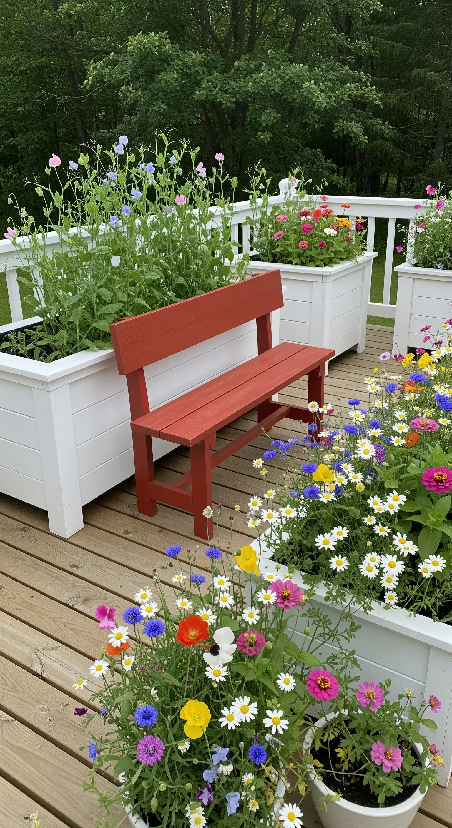 Panchina rossa in legno circondata da fioriere bianche piene di fiori di campo multicolori.