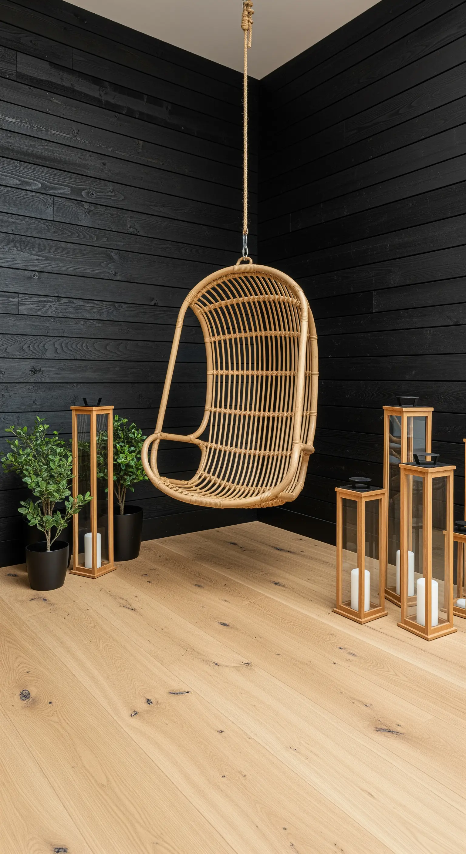 Poltrona sospesa in rattan appesa al soffitto contro una parete di legno nero.