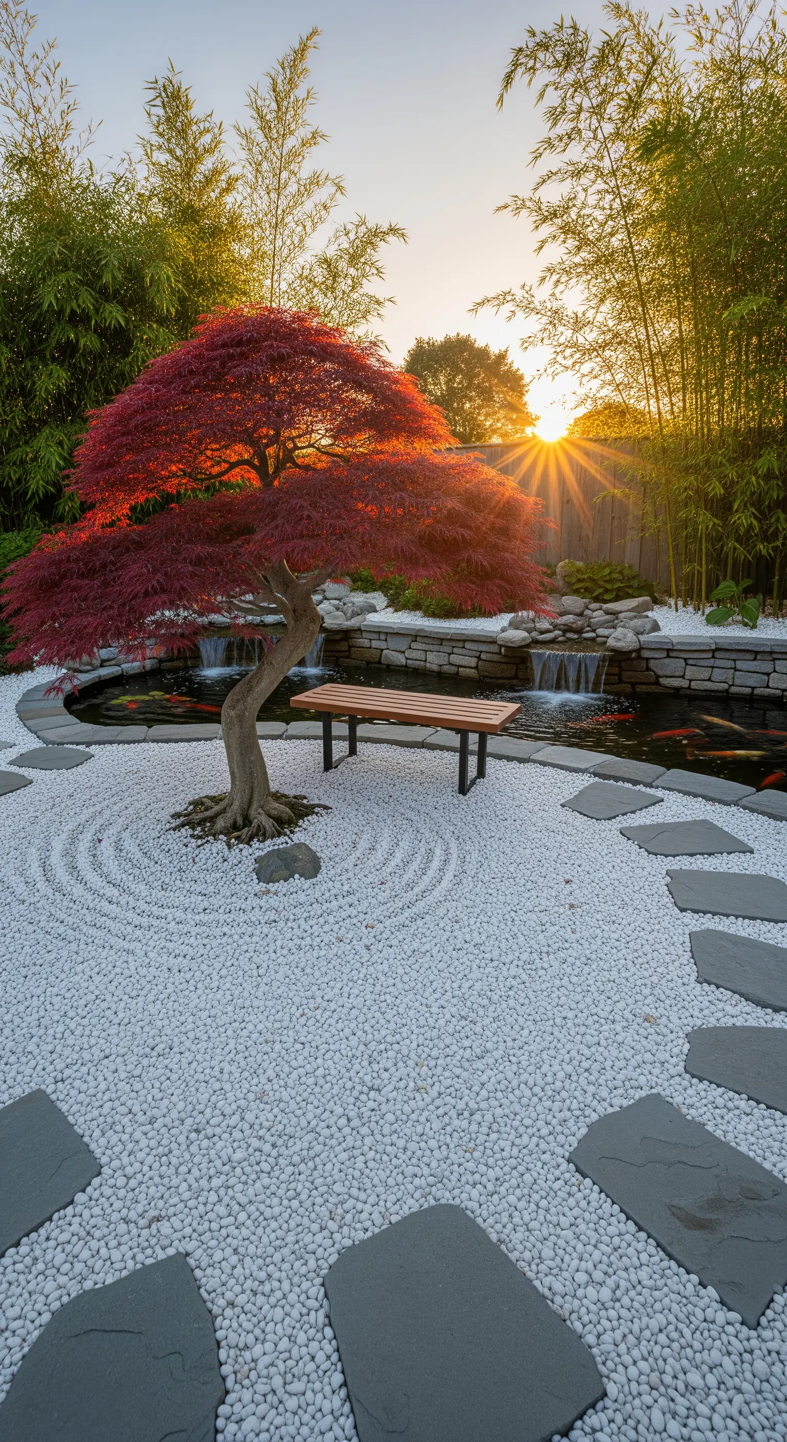 Giardino zen con acero rosso, ciottoli bianchi, laghetto con pesci koi e panchina in legno