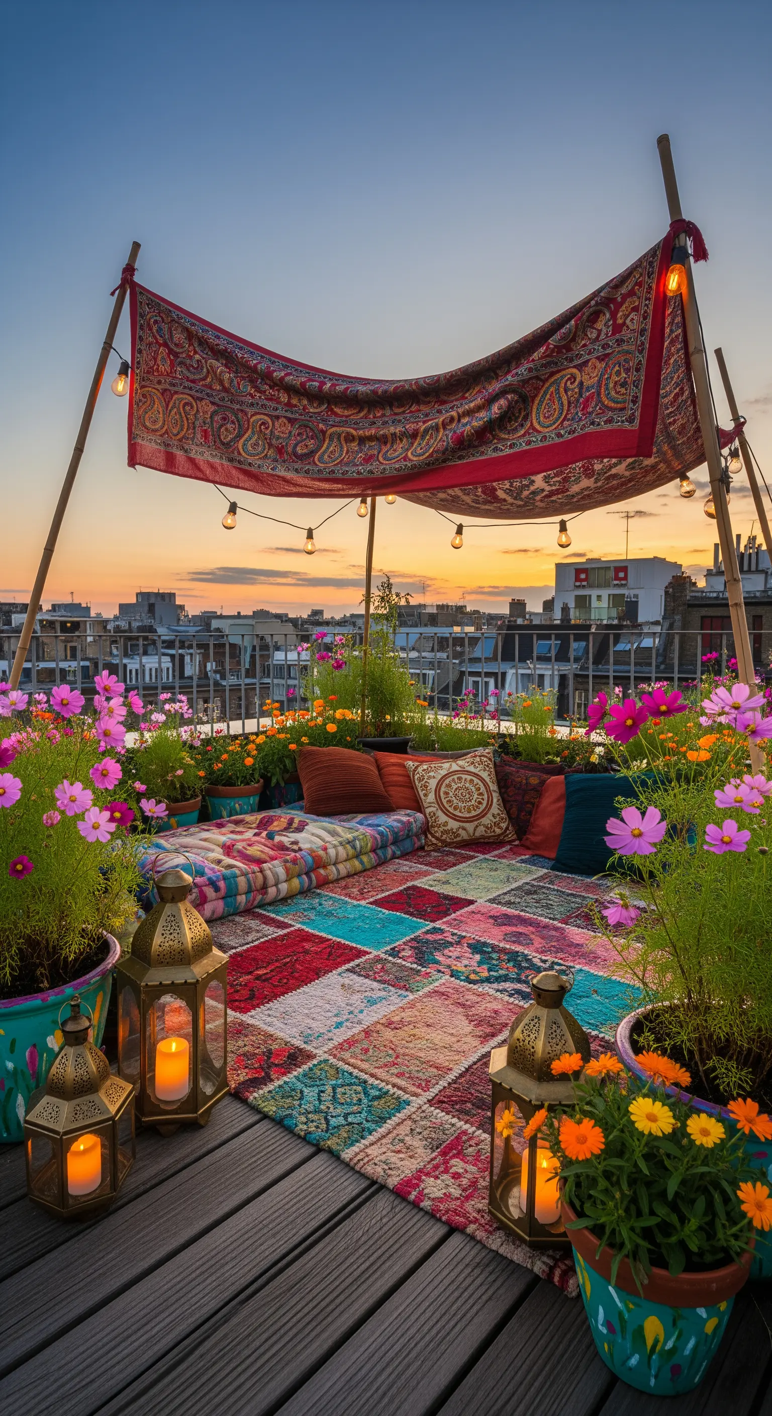 Terrazza panoramica al tramonto allestita con tappeto patchwork, lanterne e un telo come tenda.