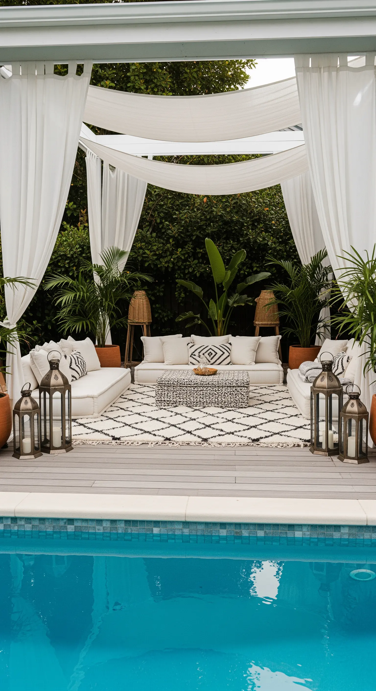 Gazebo a bordo piscina con divani bianchi, tende, tappeto marocchino e grandi lanterne.
