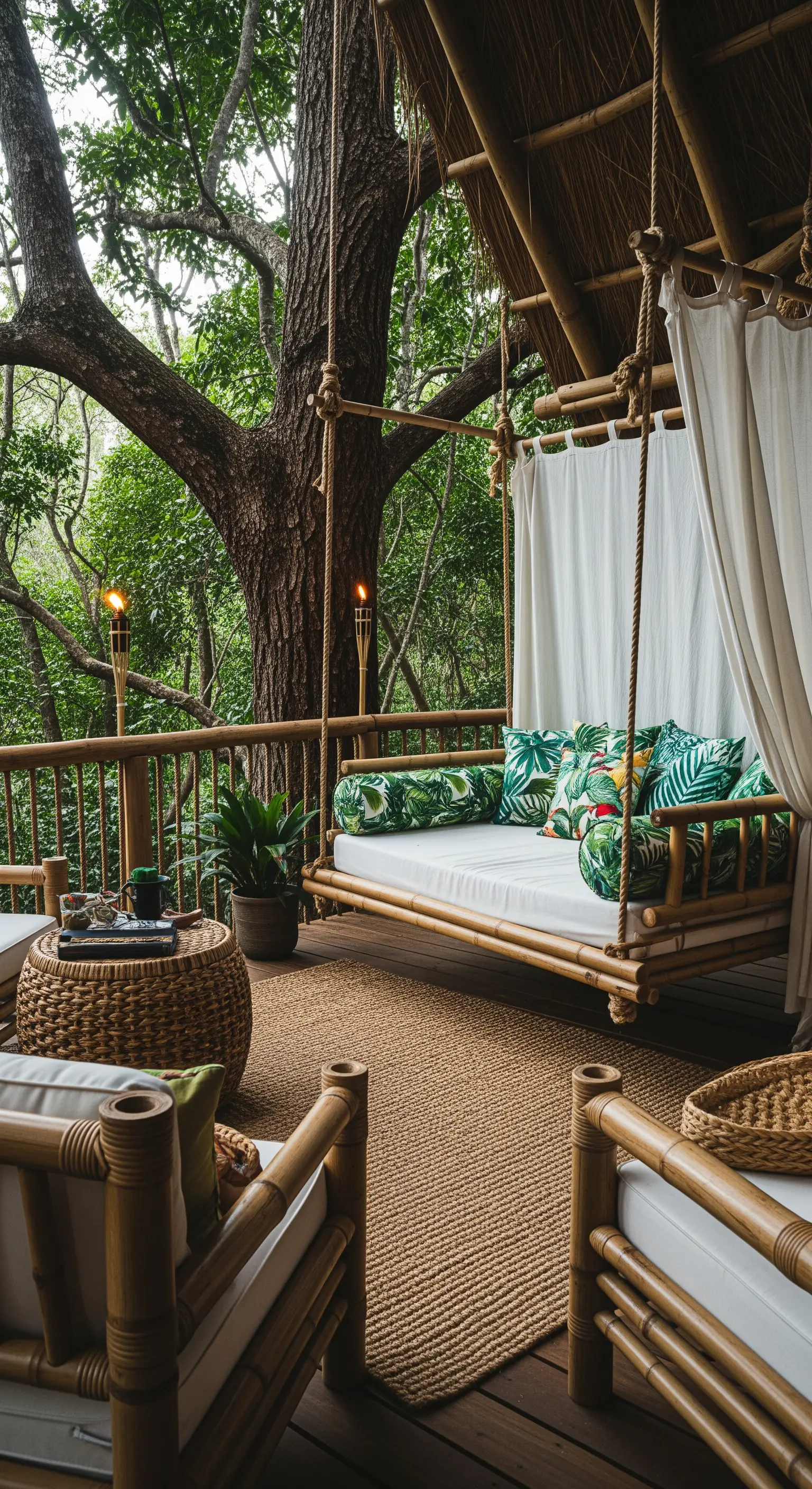 Terrazza in legno tra gli alberi con letto sospeso in bambù e cuscini a stampa tropicale