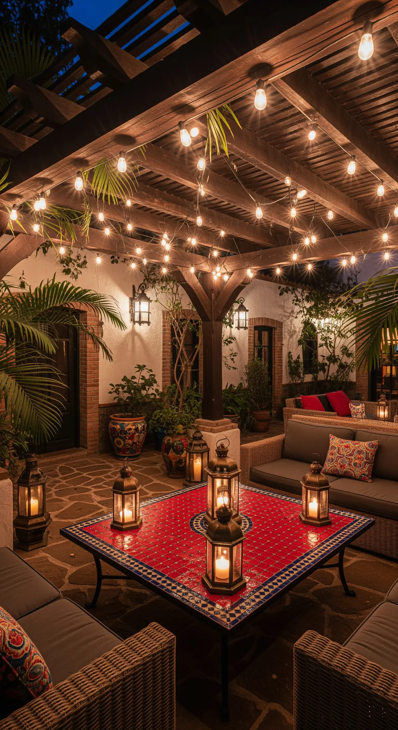 Patio con divani in rattan, tavolo in mosaico rosso e lanterne, sotto un pergolato con lucine
