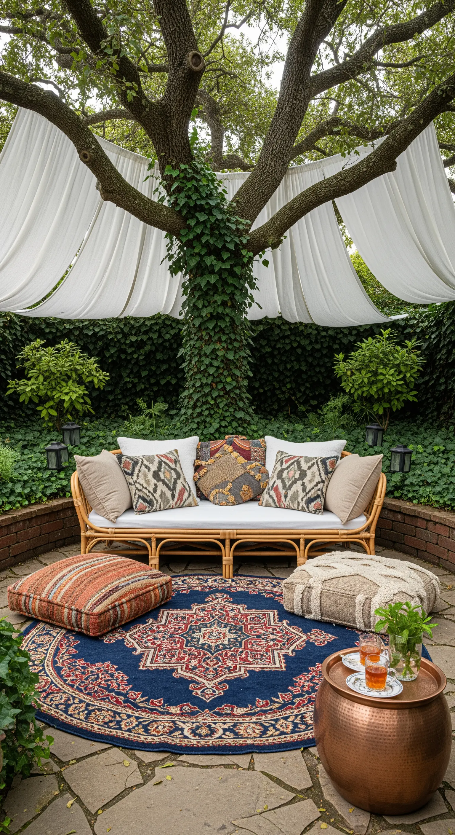 Salotto boho sotto un albero con tende bianche, tappeto persiano e pouf a terra.