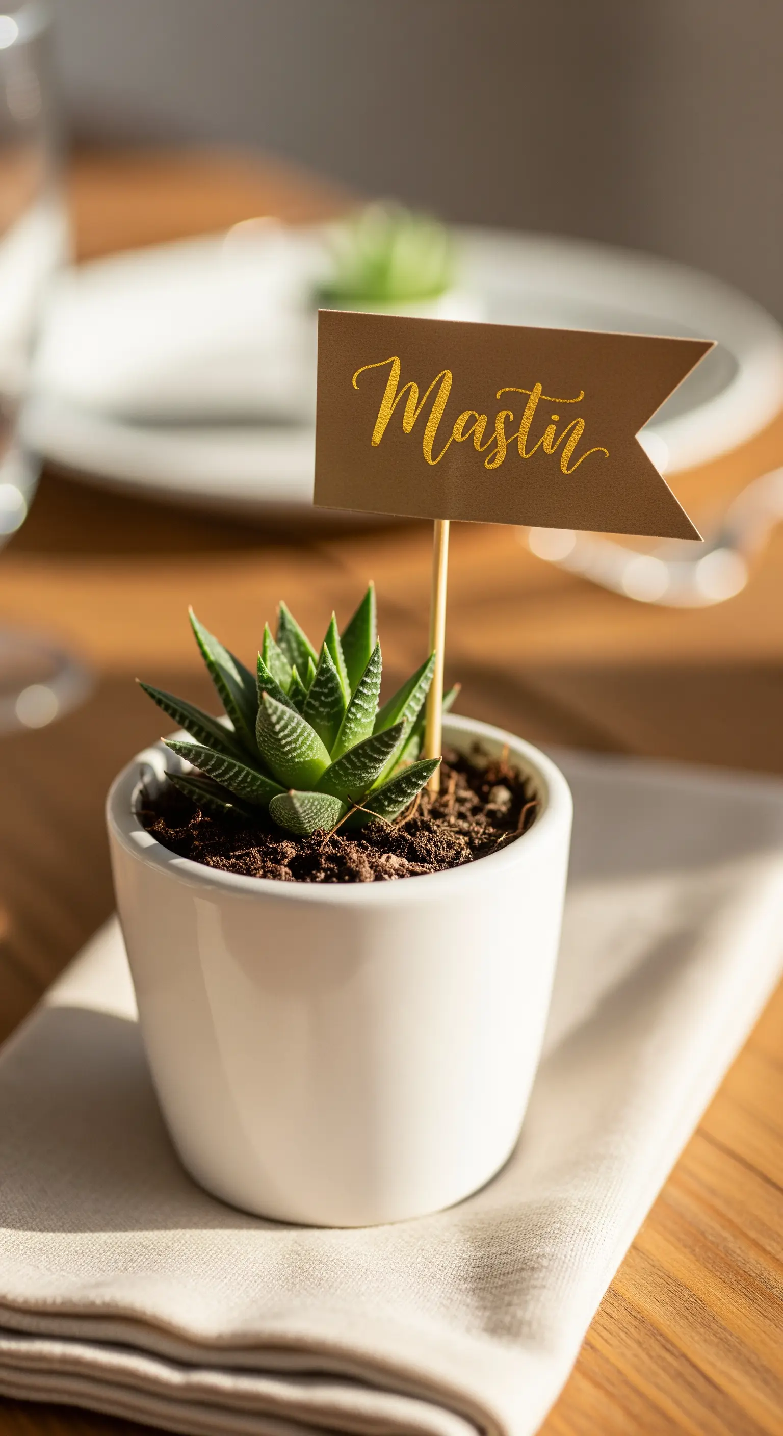 Segnaposto con una piccola pianta succulenta in un vasetto di ceramica bianca.