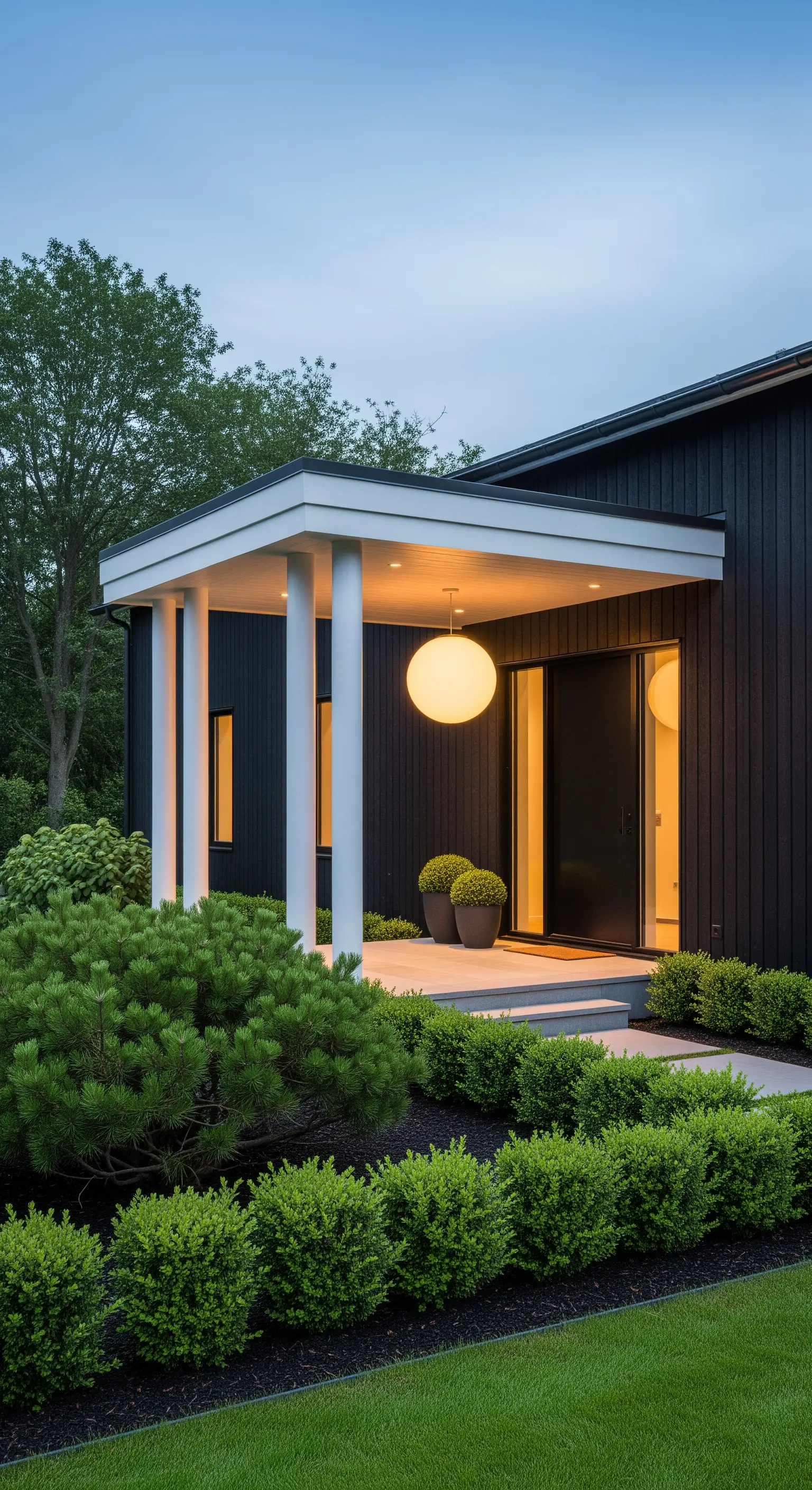Portico moderno con rivestimento nero, colonne bianche e una grande lampada sferica sospesa.
