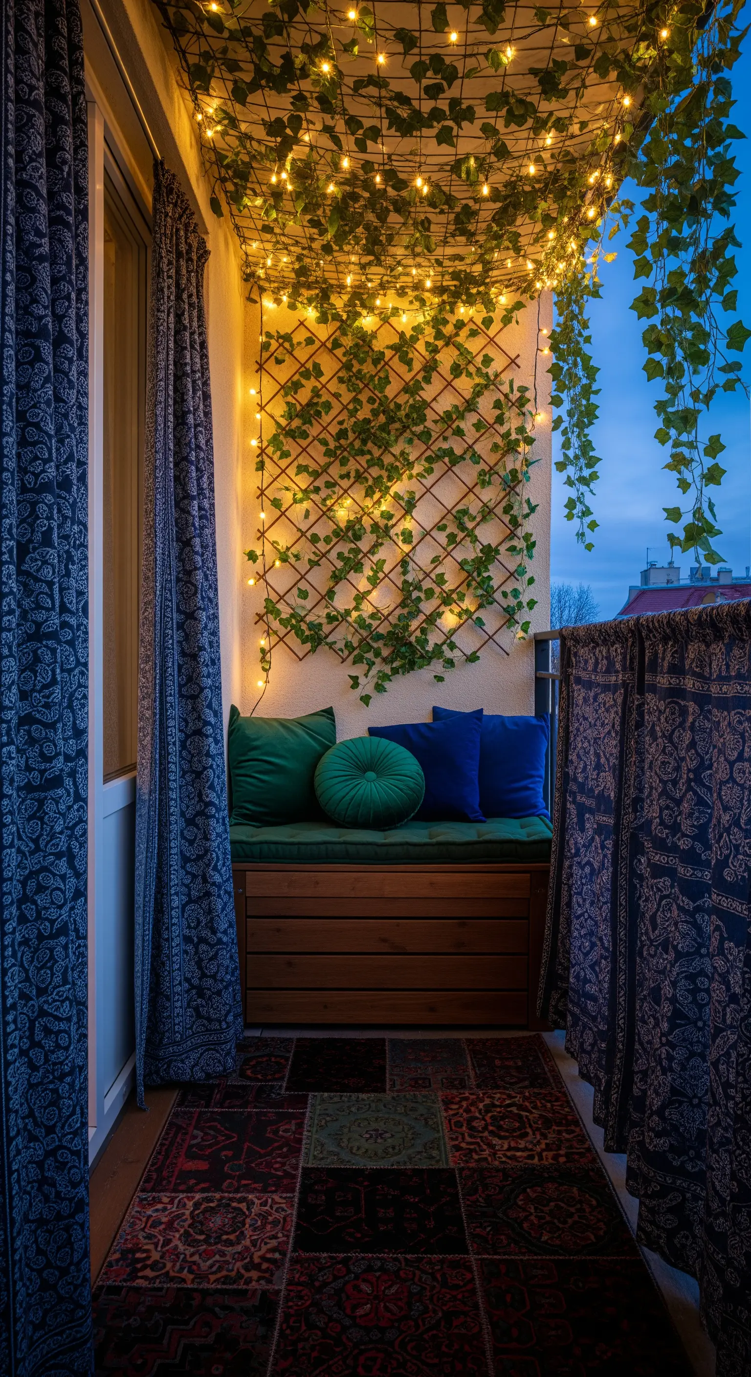 Balcone di sera con un soffitto di lucine intrecciate su un graticcio con edera.