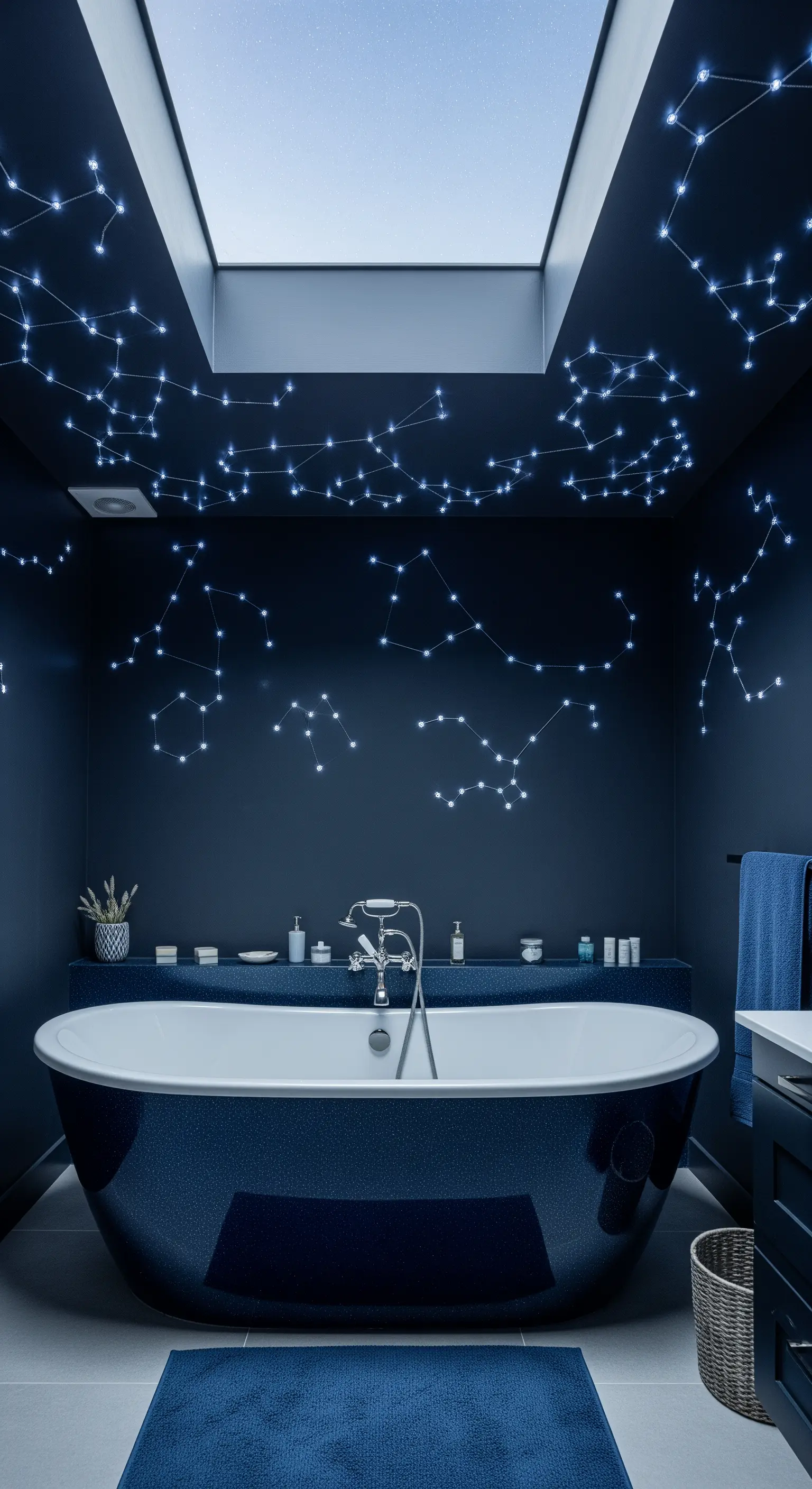 Bagno blu scuro con costellazioni luminose applicate su pareti e soffitto.