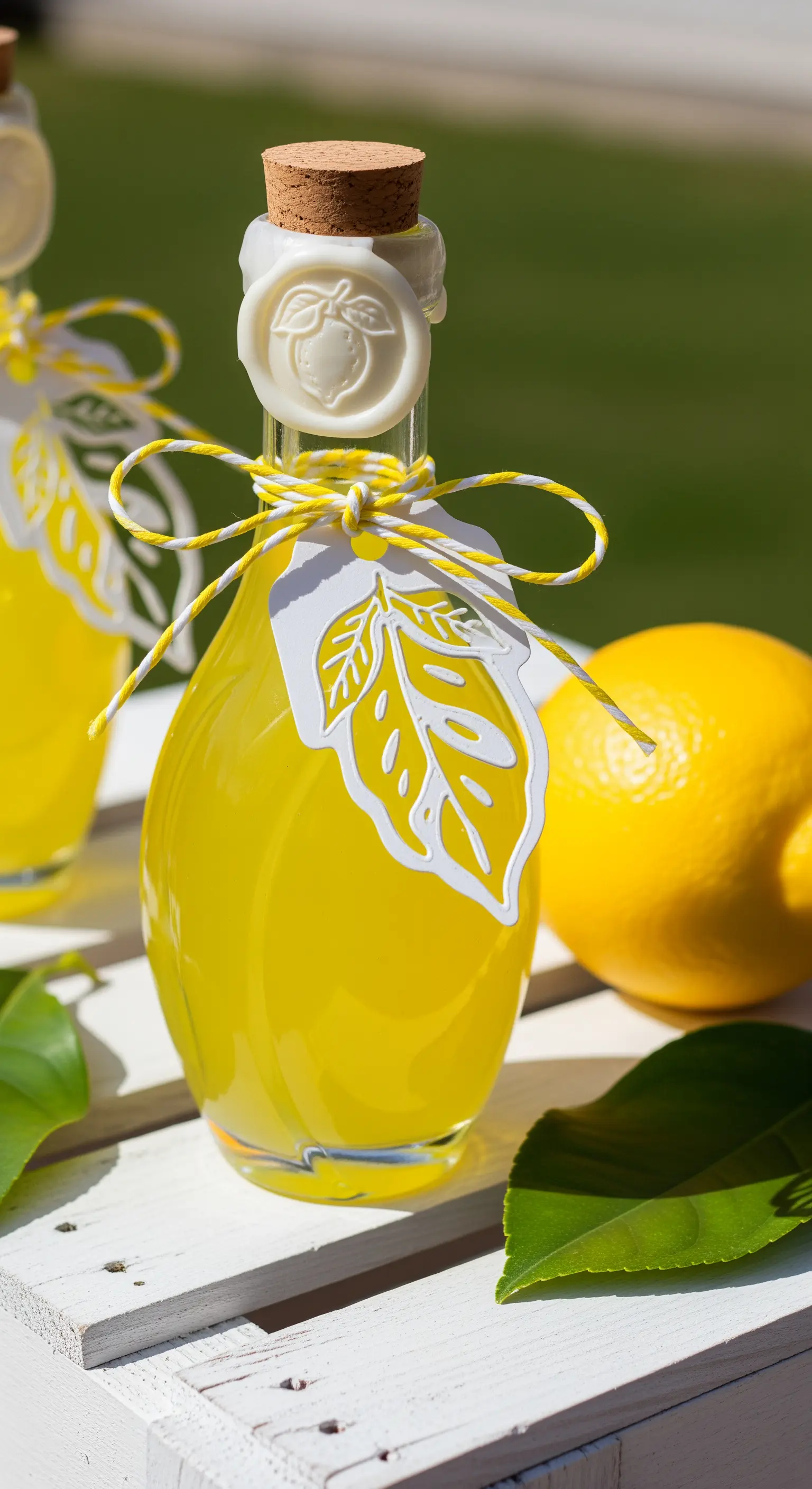 Bottiglia di limoncello con sigillo in ceralacca e etichetta decorativa a forma di foglia.