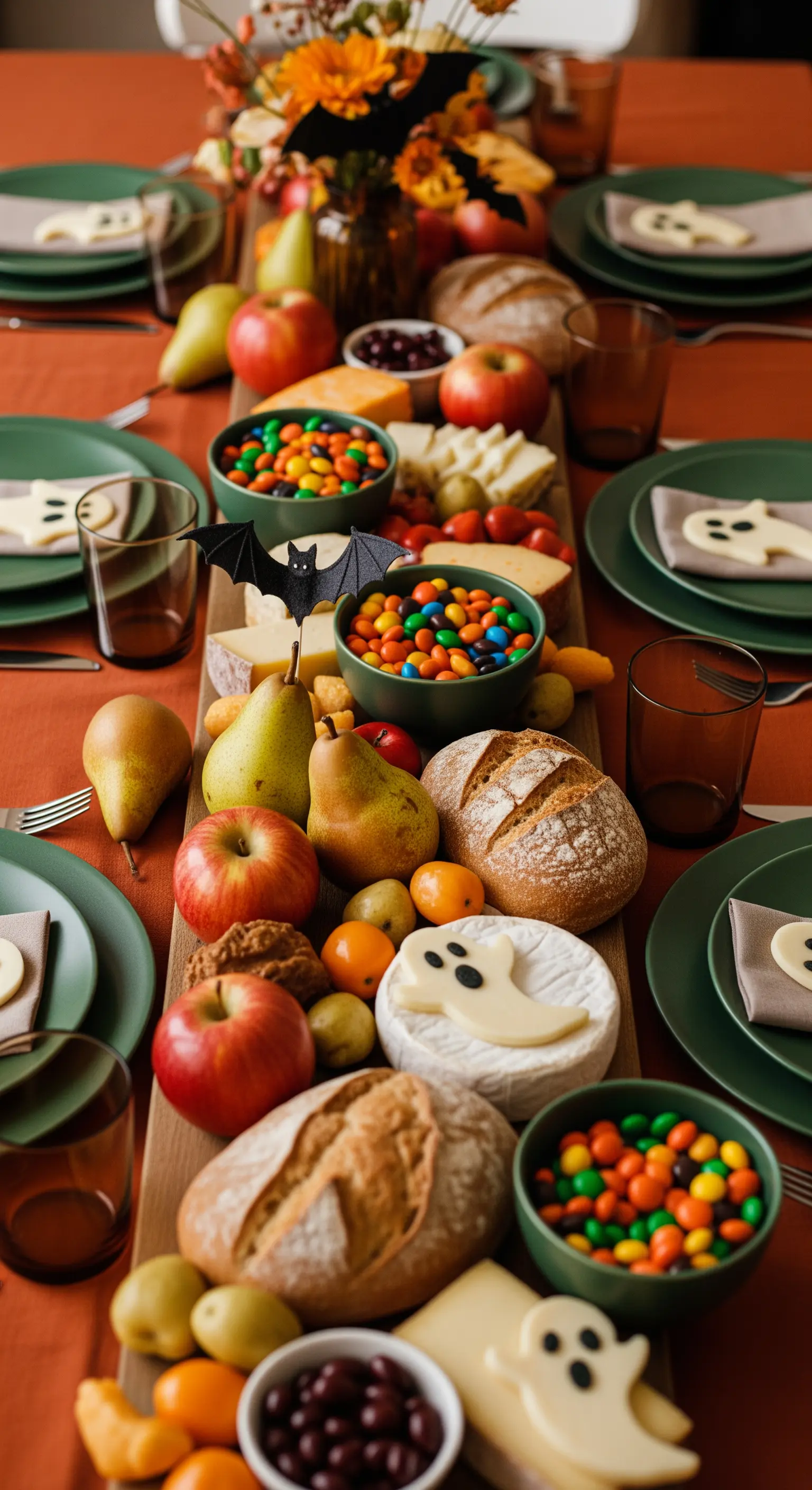 Tagliere autunnale con frutta, formaggi a forma di fantasma e dolcetti di Halloween.