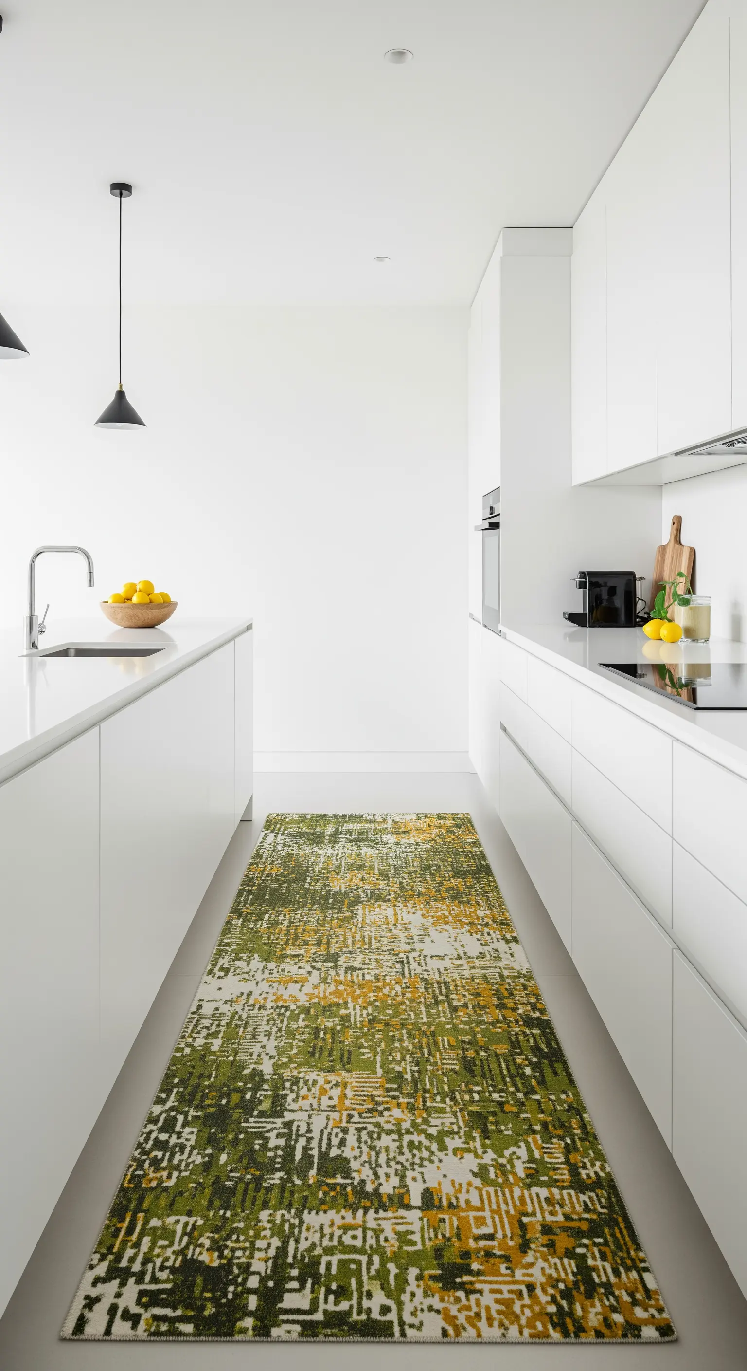 Cucina total white con un runner lungo dal motivo astratto verde e senape.