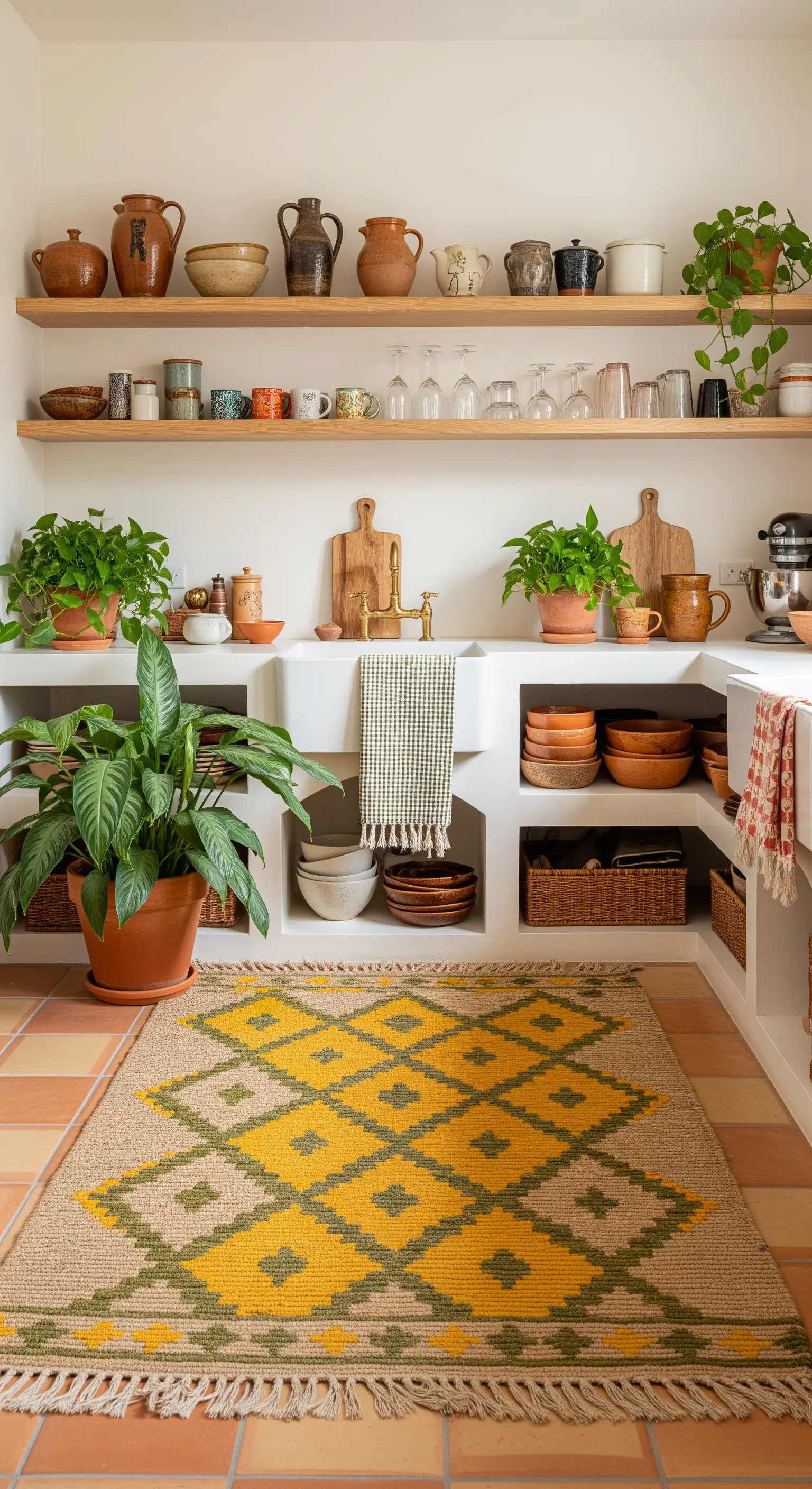 Tappeto in fibra naturale con motivo geometrico senape e verde in una cucina rustica.