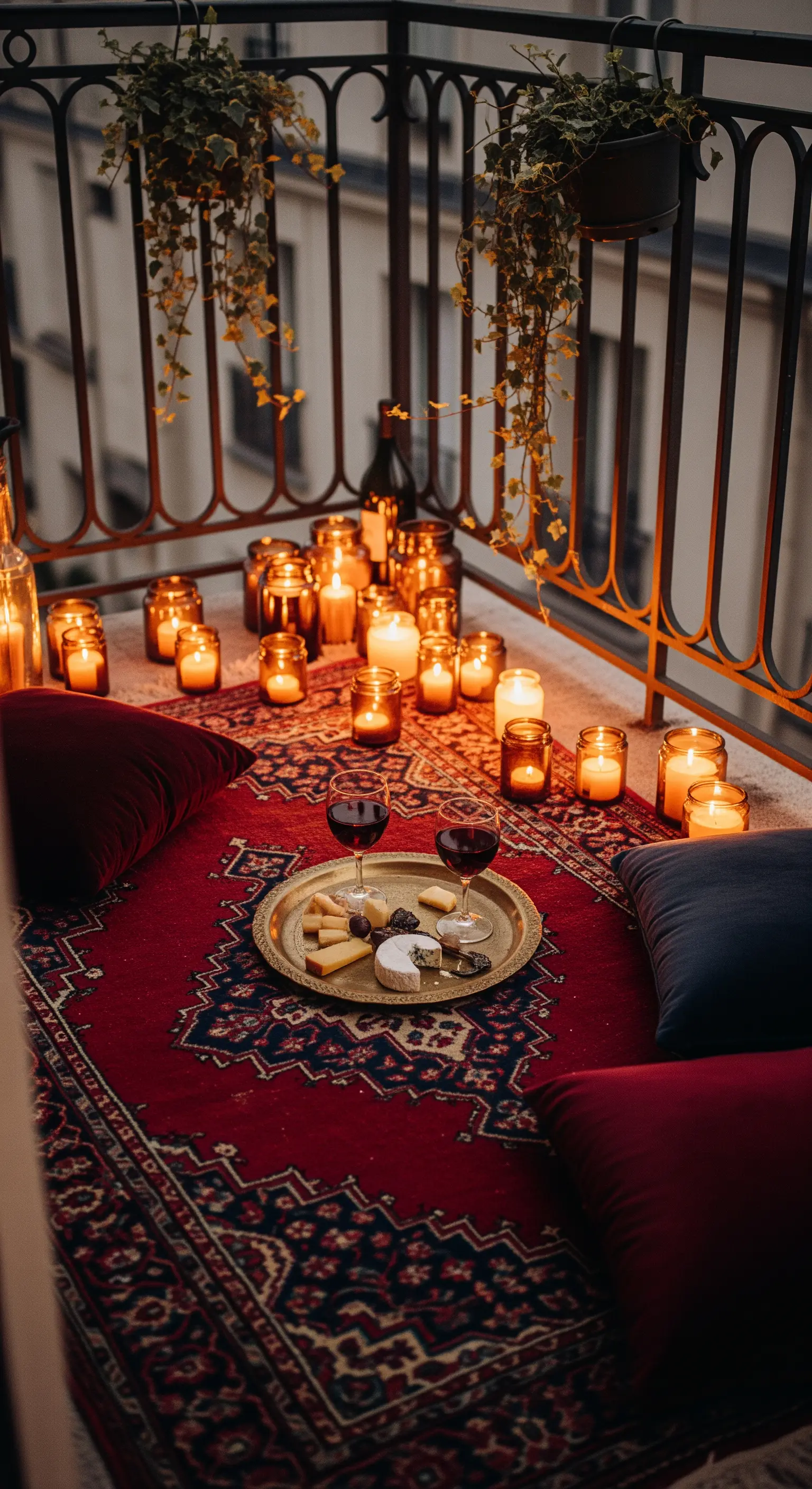 Balcone parigino con tappeto rosso, cuscini in velluto e decine di candele accese.