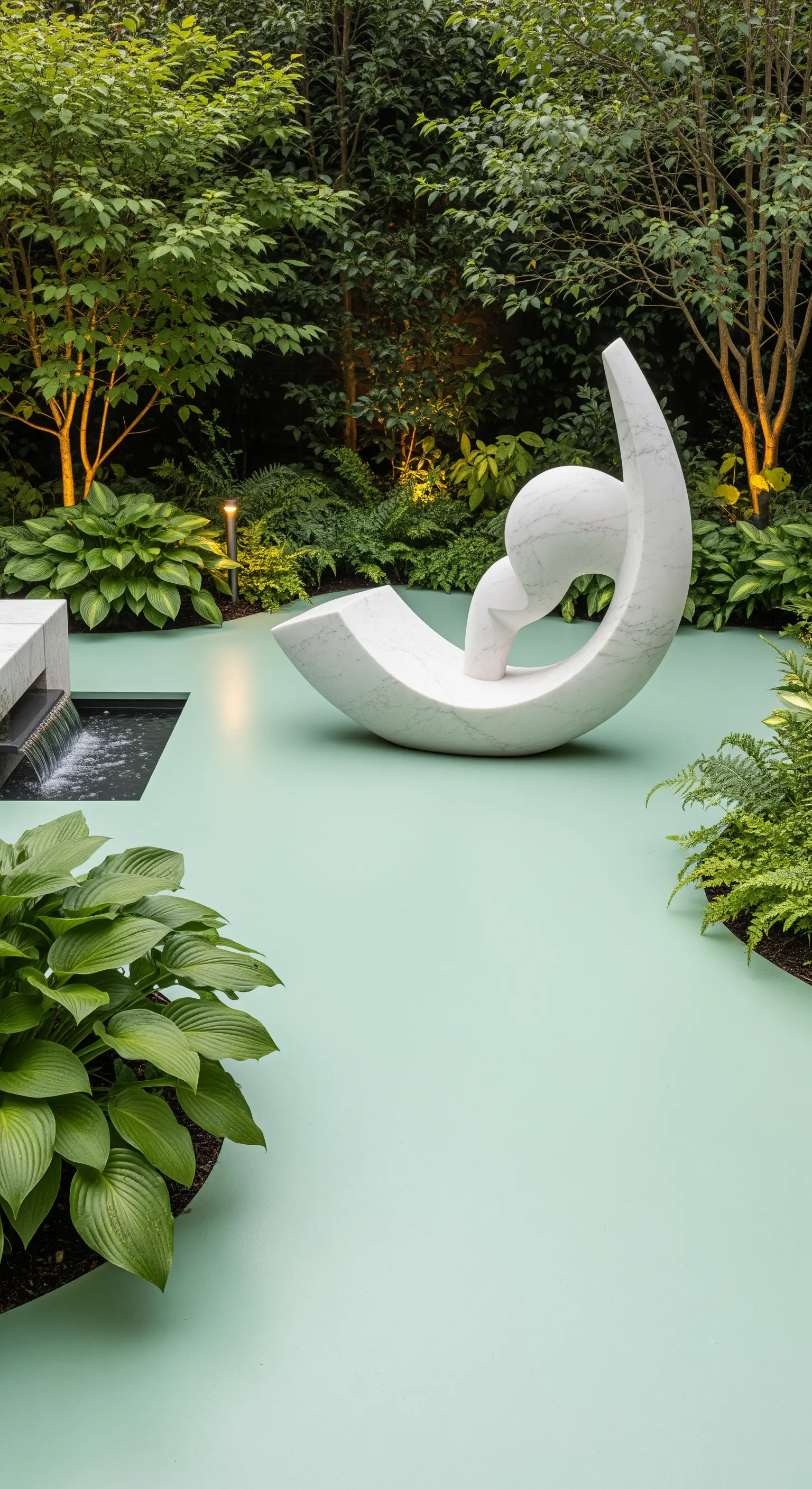 Scultura astratta in marmo bianco su un pavimento in resina verde menta in un giardino rigoglioso.
