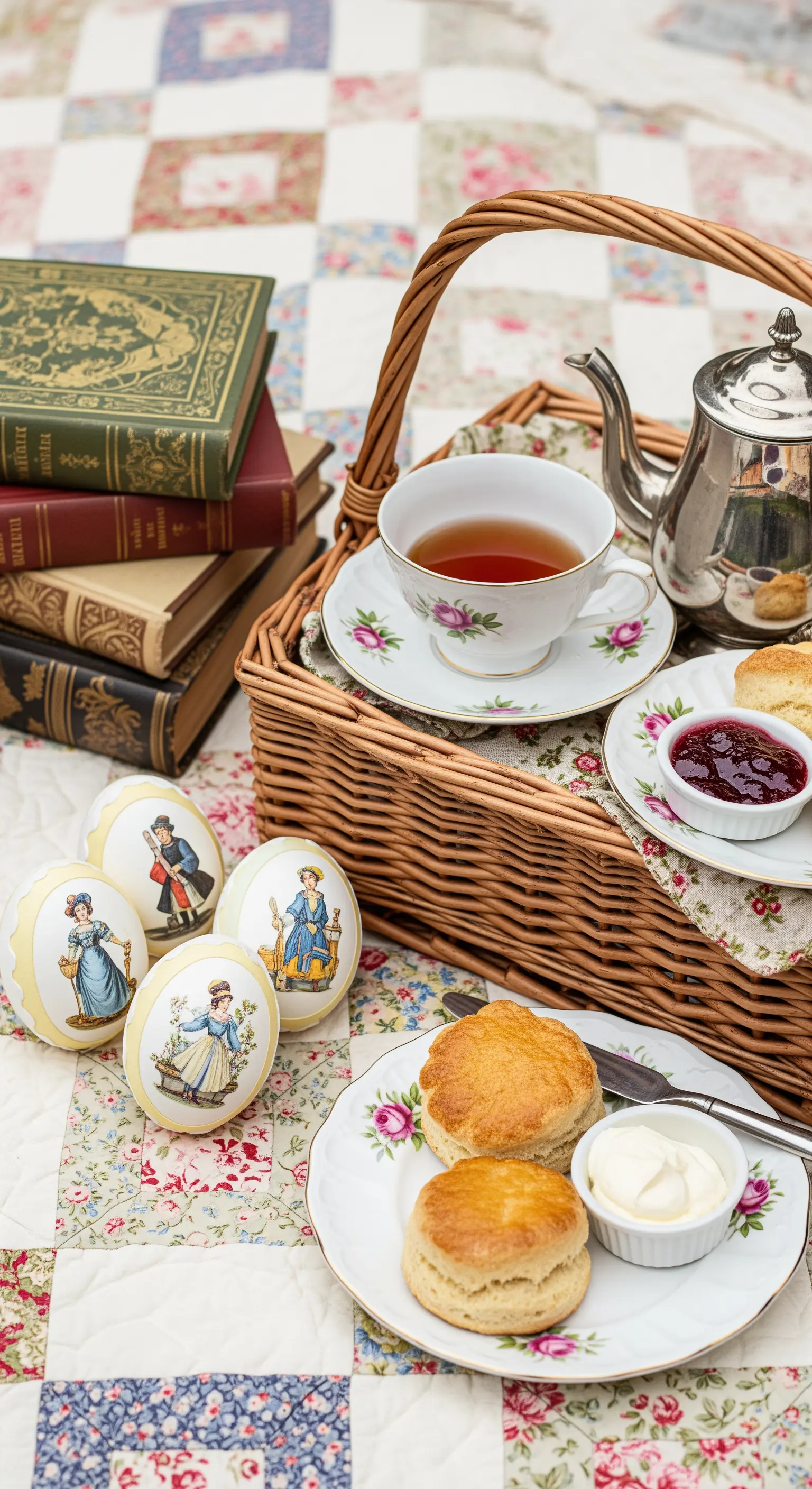 Picnic a tema letterario con libri antichi, servizio da tè in porcellana e scones.