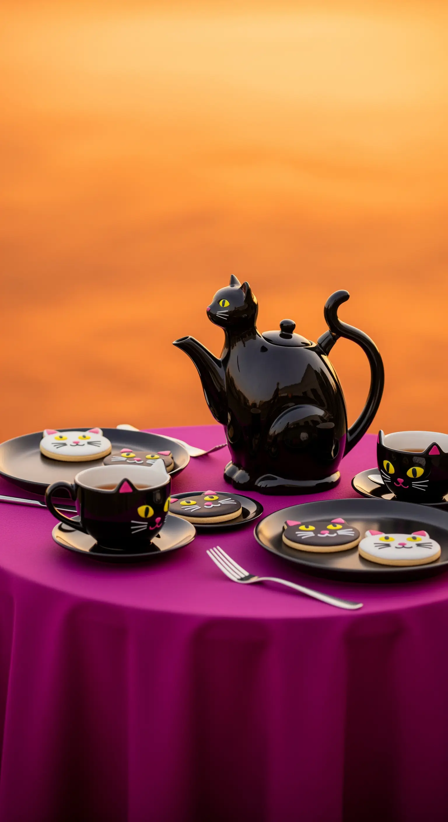 Servizio da tè a forma di gatto nero su una tovaglia fucsia, con biscotti a tema.