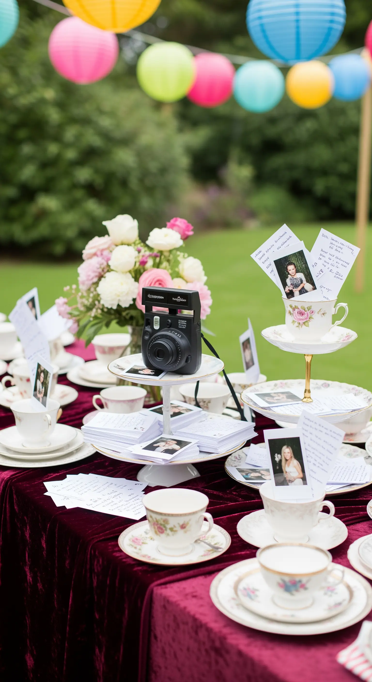Tavola da tè con servizio in porcellana, con polaroid e messaggi inseriti nelle tazze.