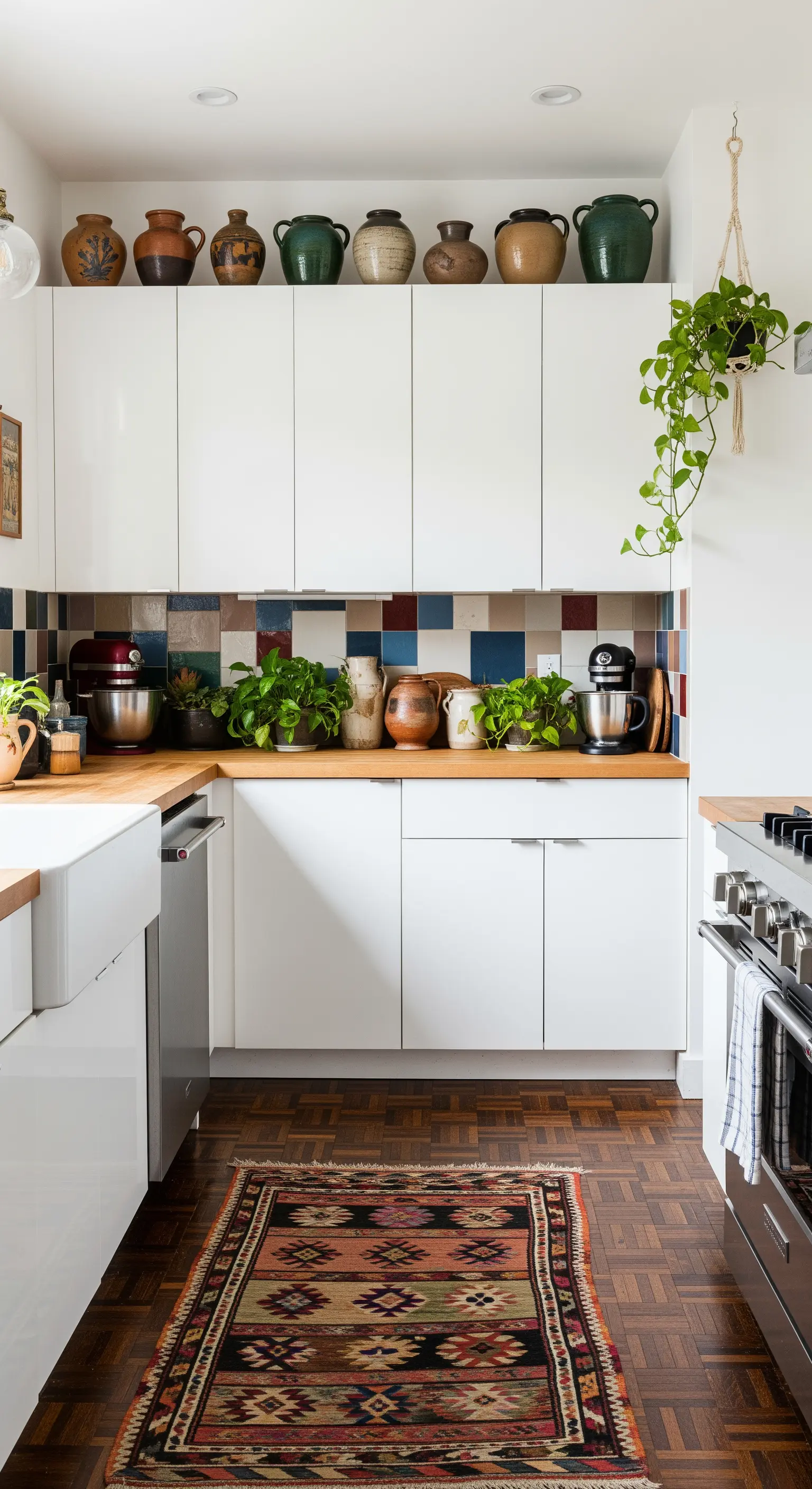 Cucina bianca con top in legno, un tappeto kilim colorato e piante decorative.