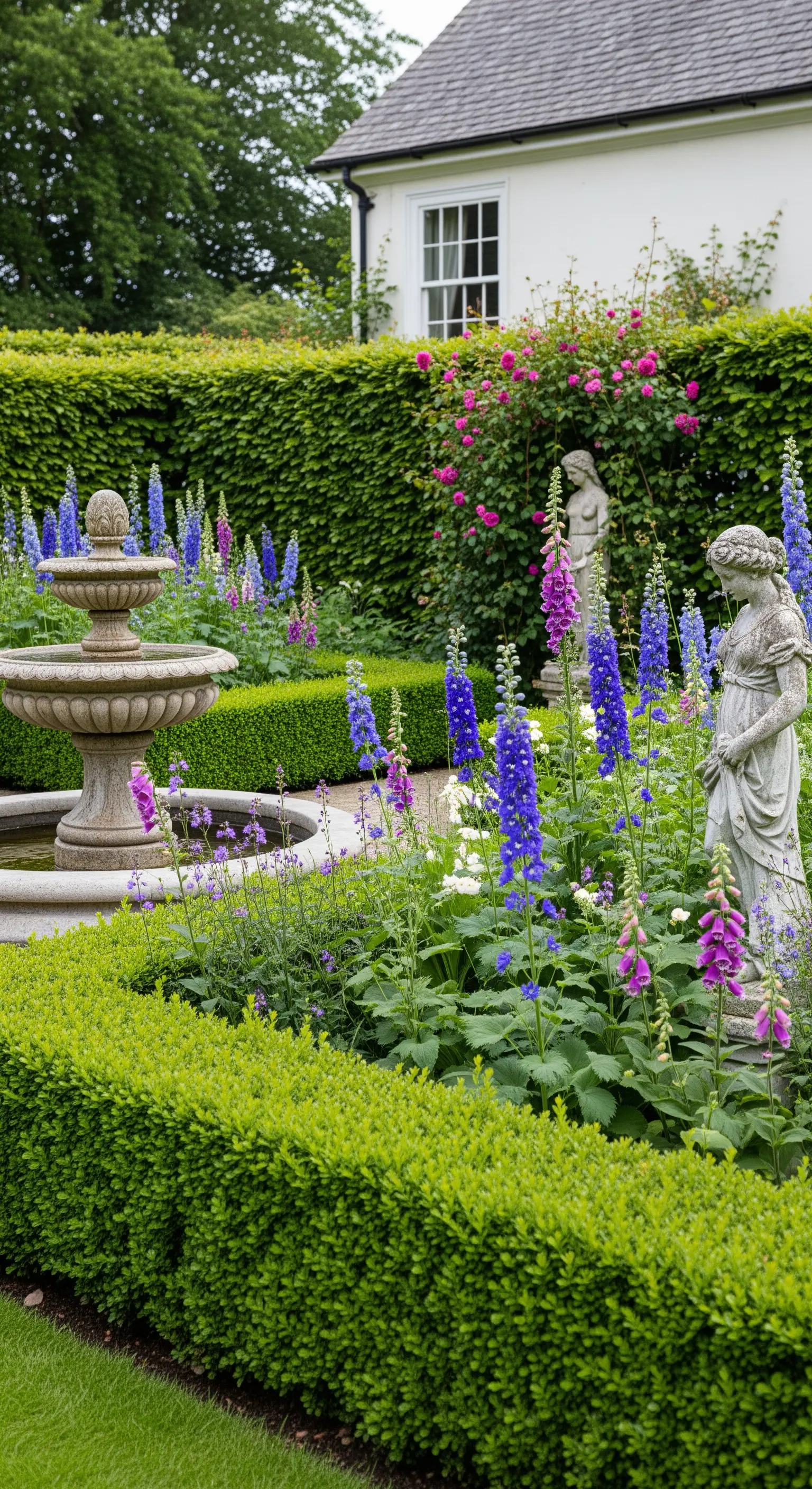 Giardino fiorito in stile cottage con una piccola fontana e statue in pietra.