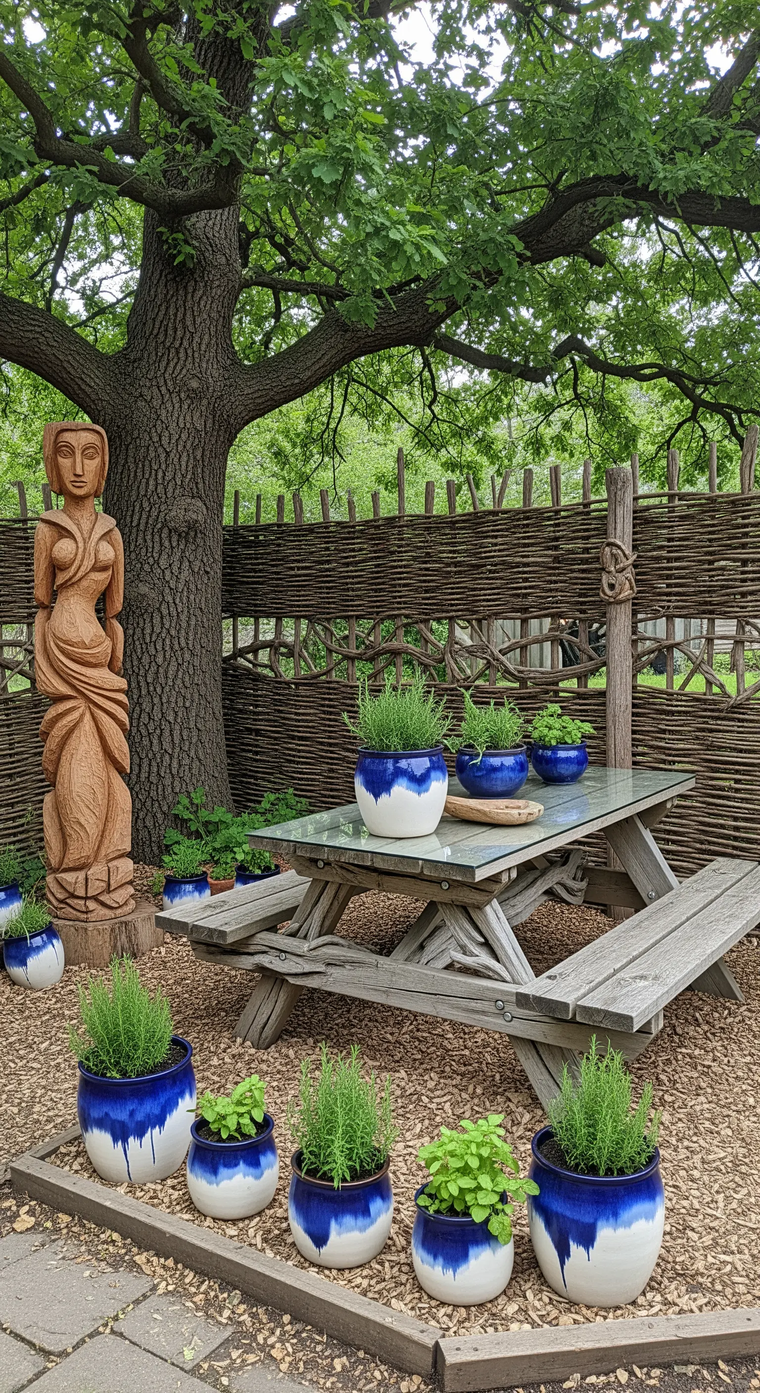 Tavolo da picnic circondato da vasi in ceramica blu e bianca con erbe aromatiche.