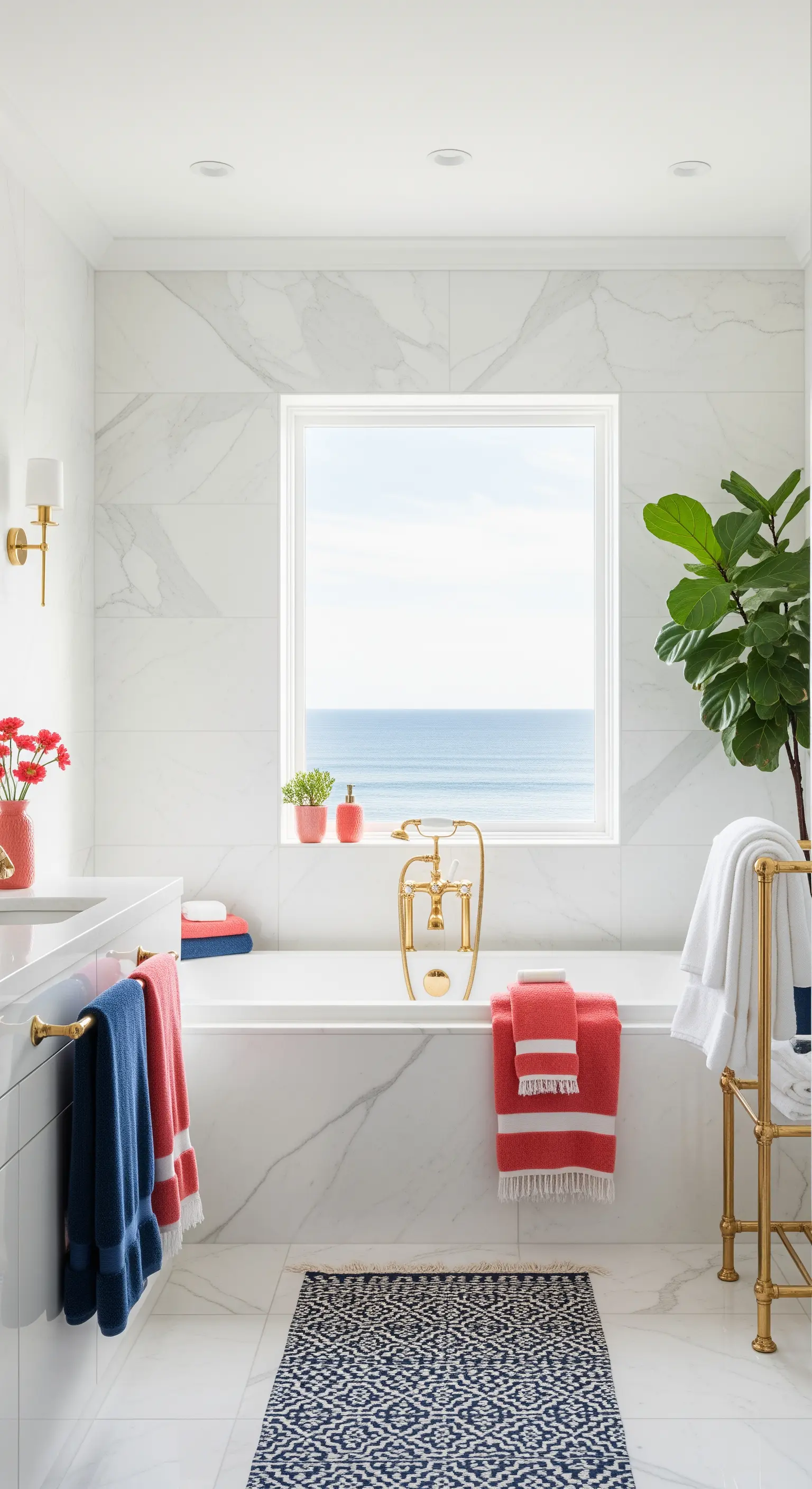 Bagno in marmo bianco con vista mare, accessori colorati e rubinetteria in ottone.