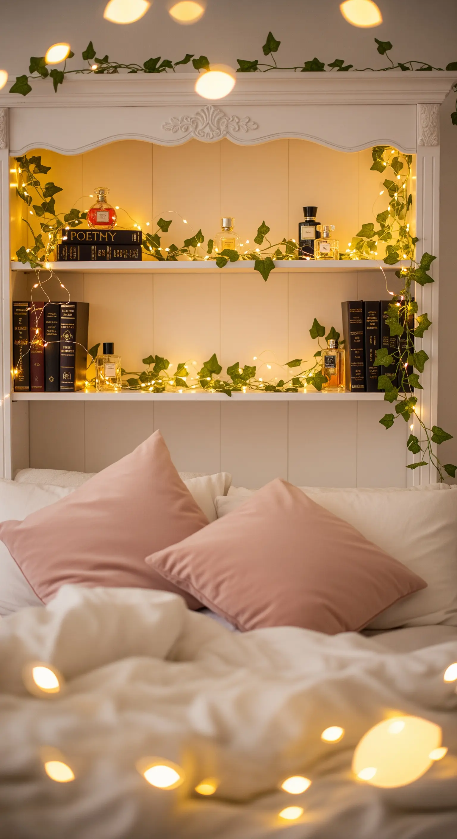 Libreria bianca decorata con lucine calde e edera finta sopra un letto.