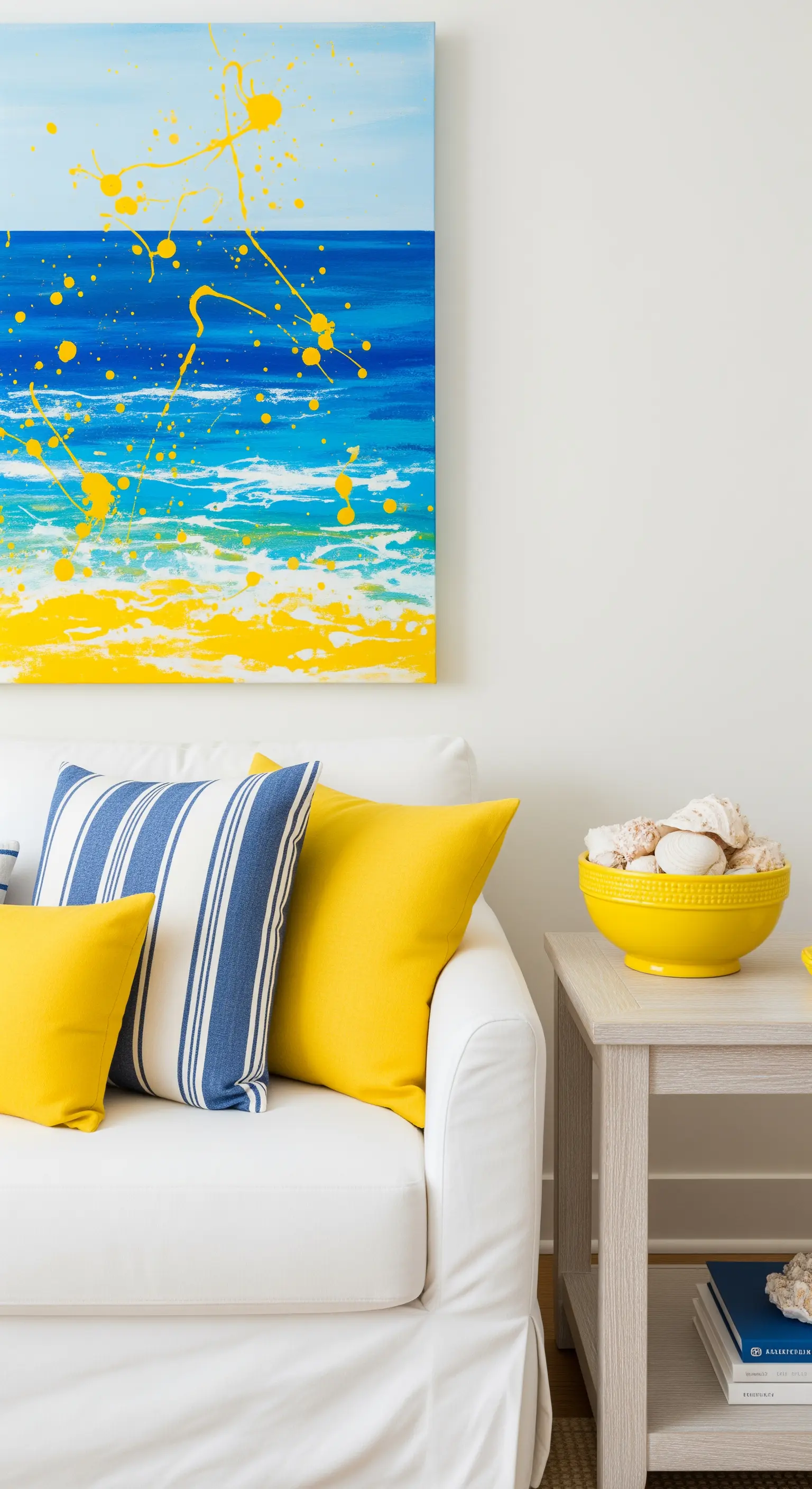 Divano bianco con cuscini blu a righe e accenti di colore giallo brillante.