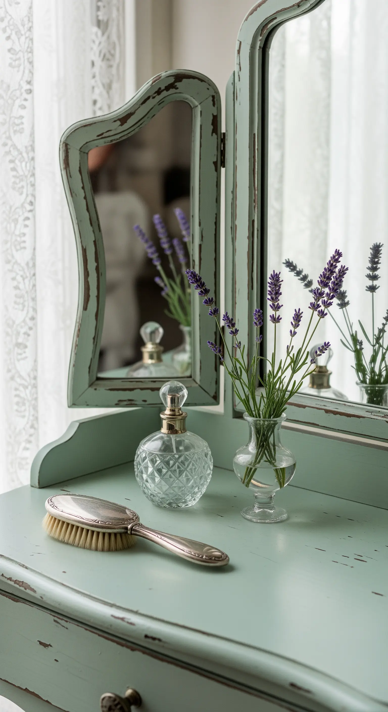Toeletta verde salvia decapata con specchio, lavanda fresca e boccetta di profumo.