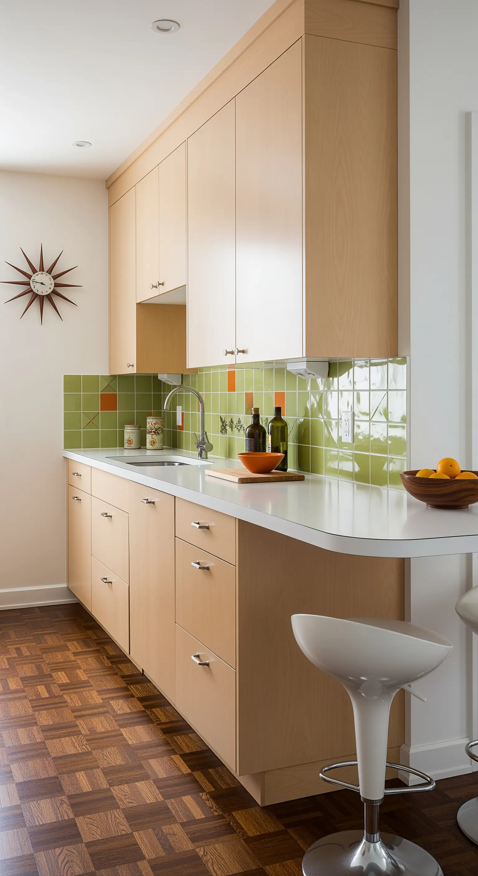Cucina in stile Mid-Century con mobili in legno chiaro e un paraschizzi con piastrelle verdi e arancioni.