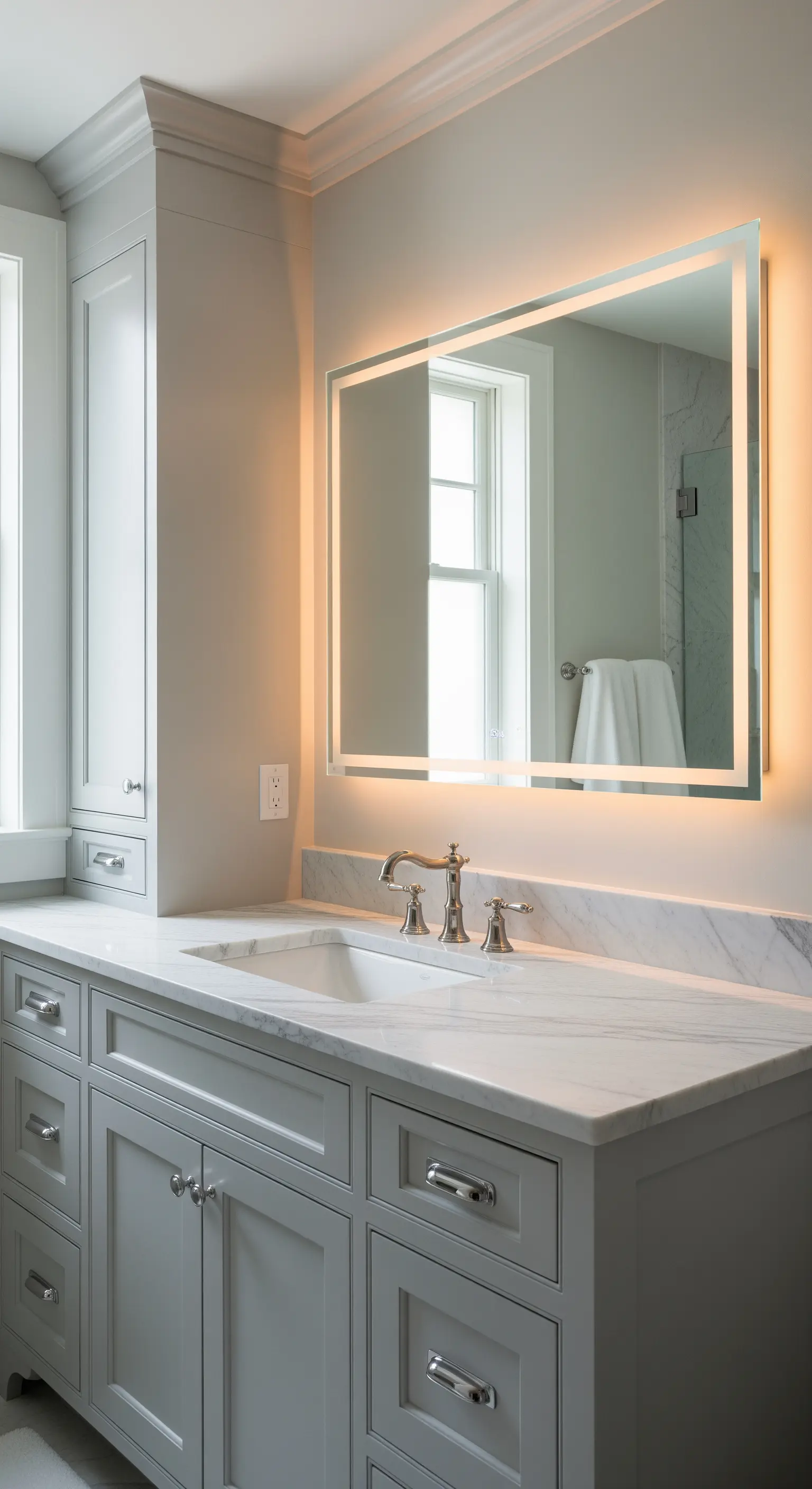 Specchio retroilluminato in un bagno tradizionale con mobili grigi e top in marmo.