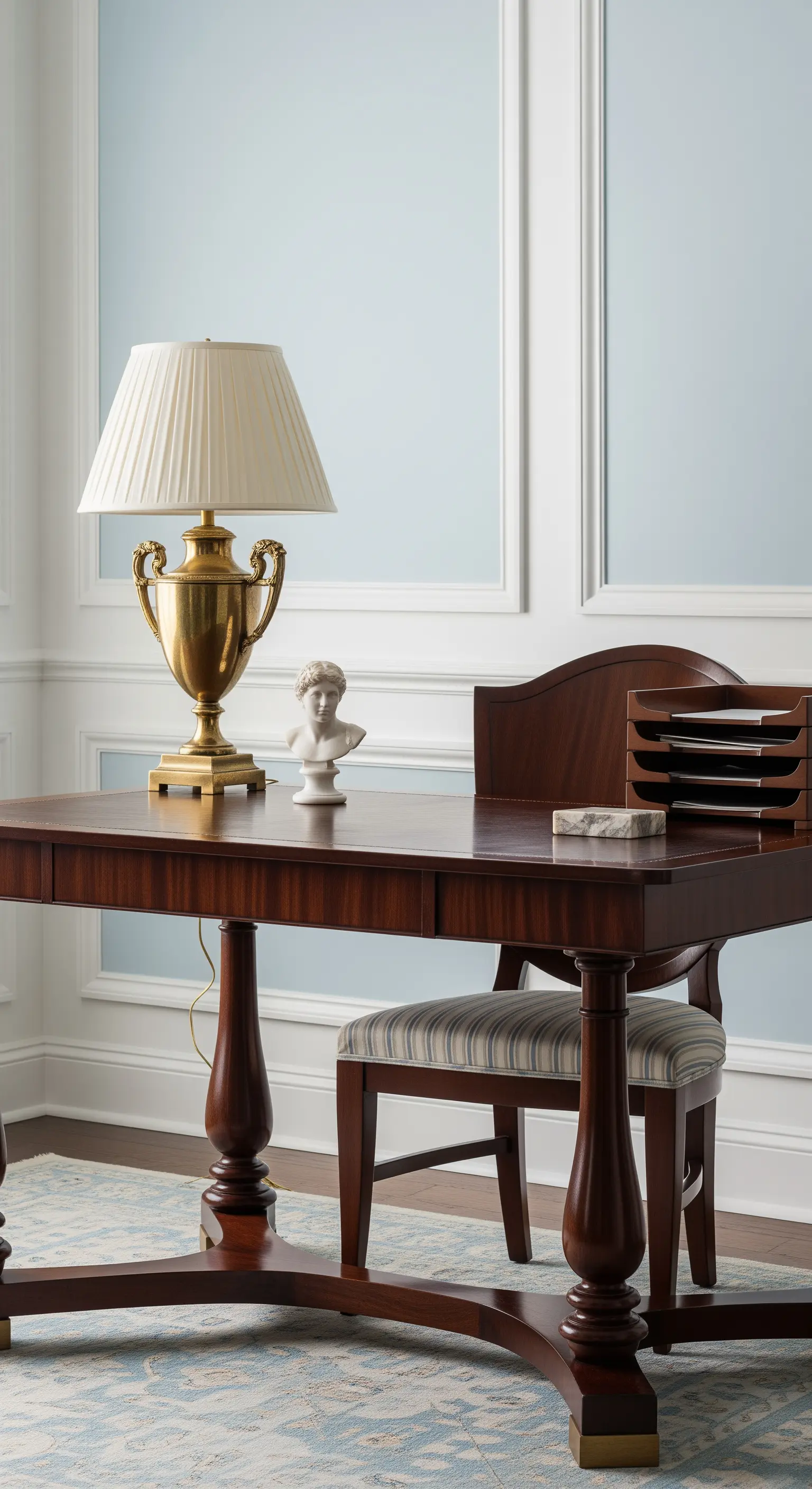 Scrivania neoclassica con boiserie e lampada in ottone a forma di trofeo.