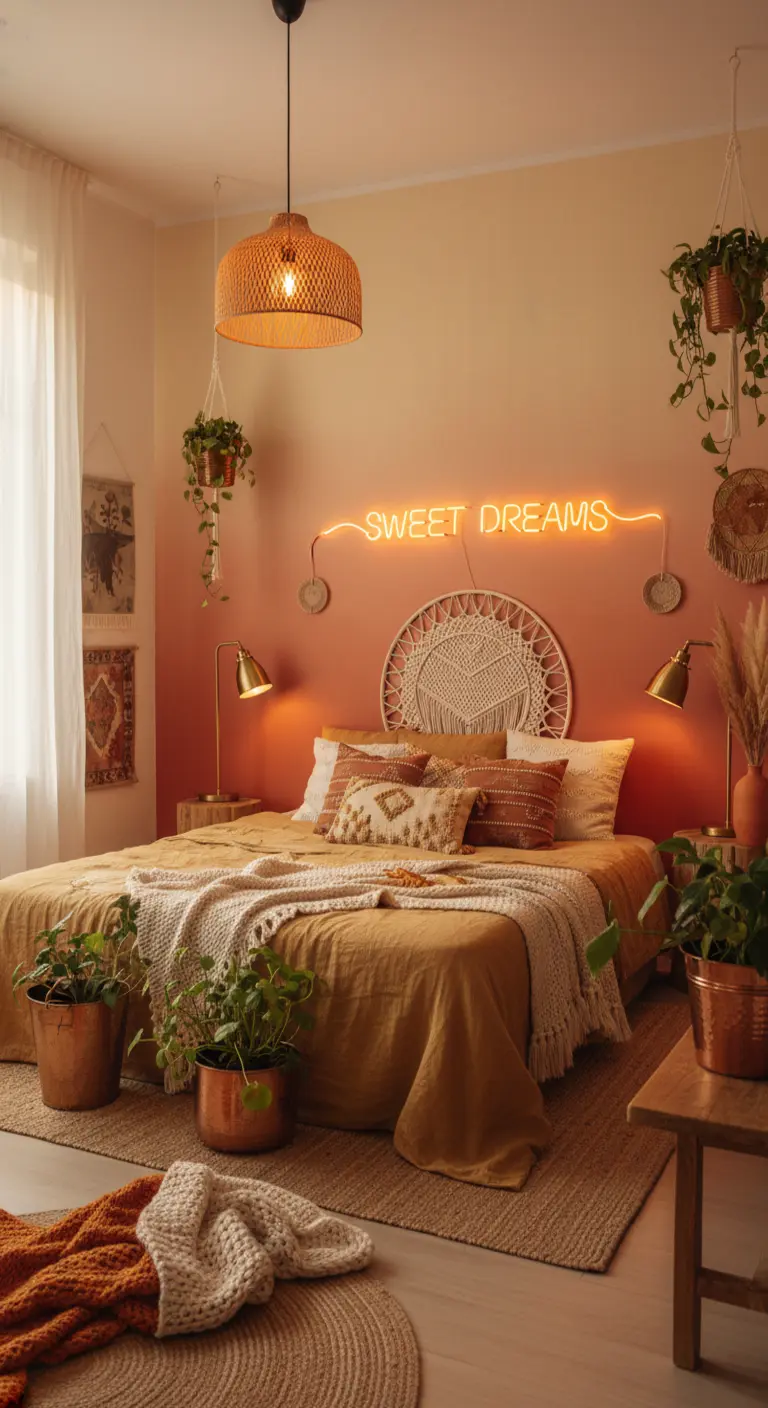 Parete con effetto sfumato dal rosa al beige e scritta al neon 'Sweet Dreams'.