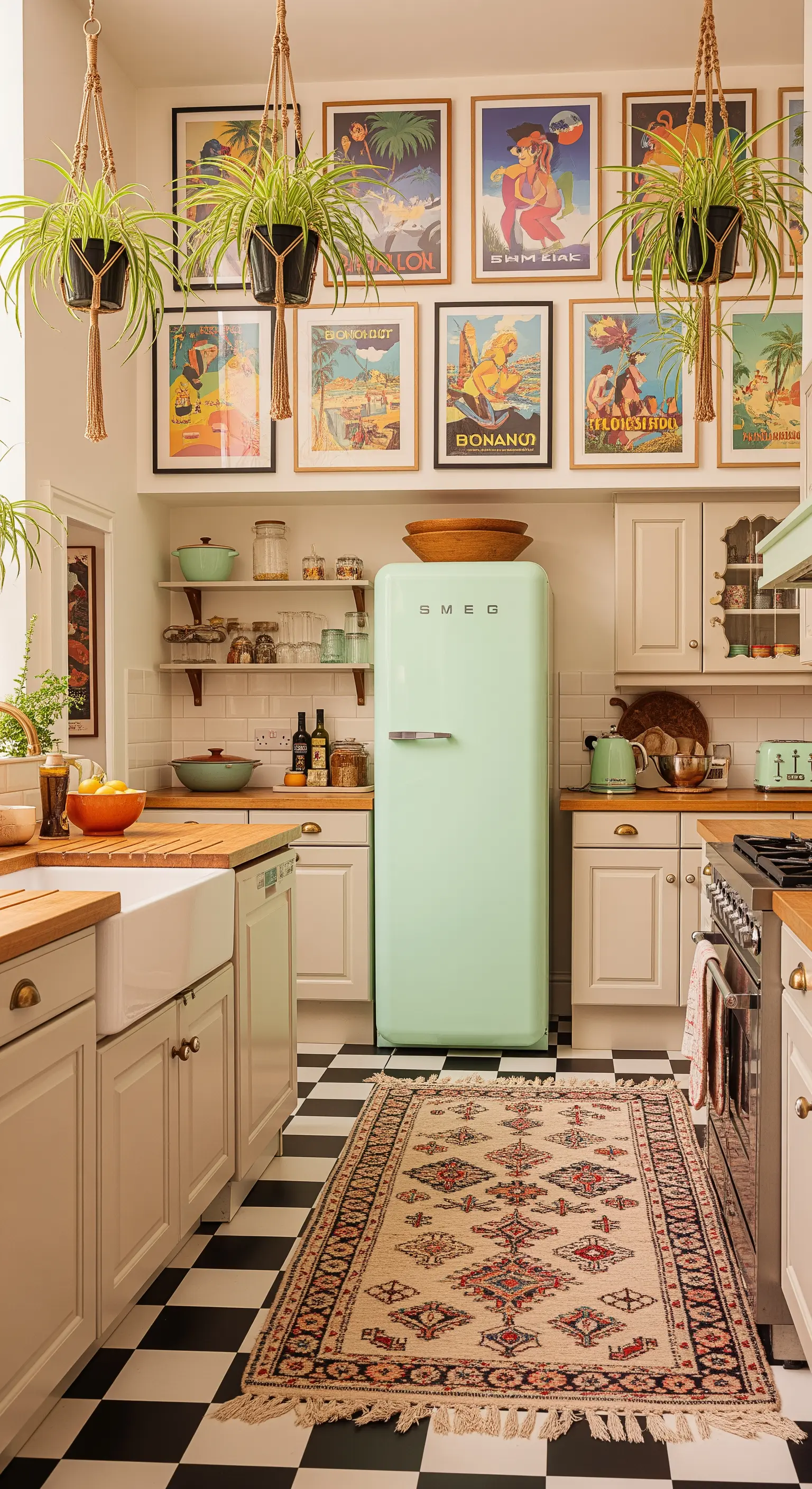 Cucina vintage con pavimento a scacchi, frigorifero verde menta e una parete di poster turistici.